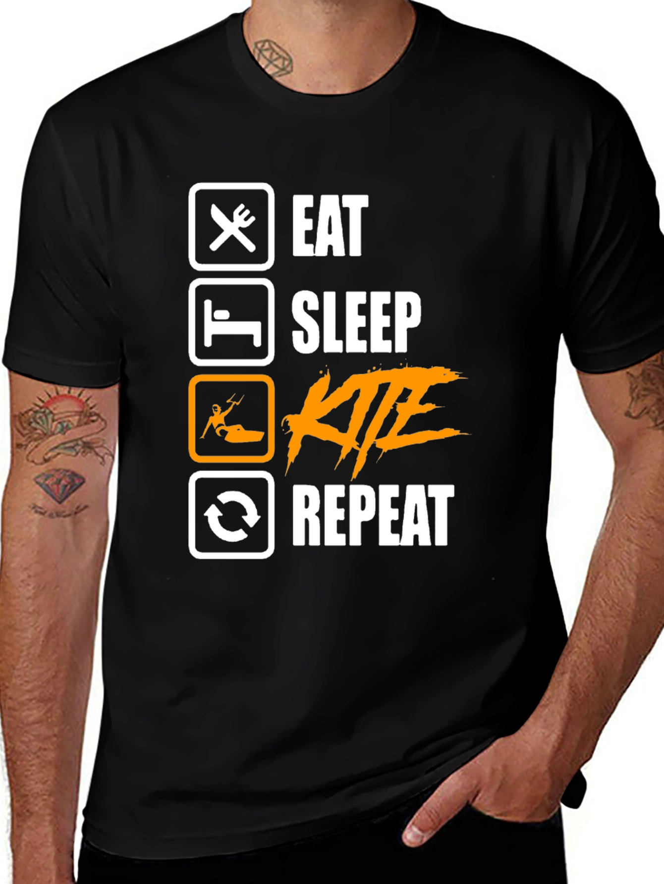 Eat Sleep Kite Repeat - Black Graphic T-Shirt