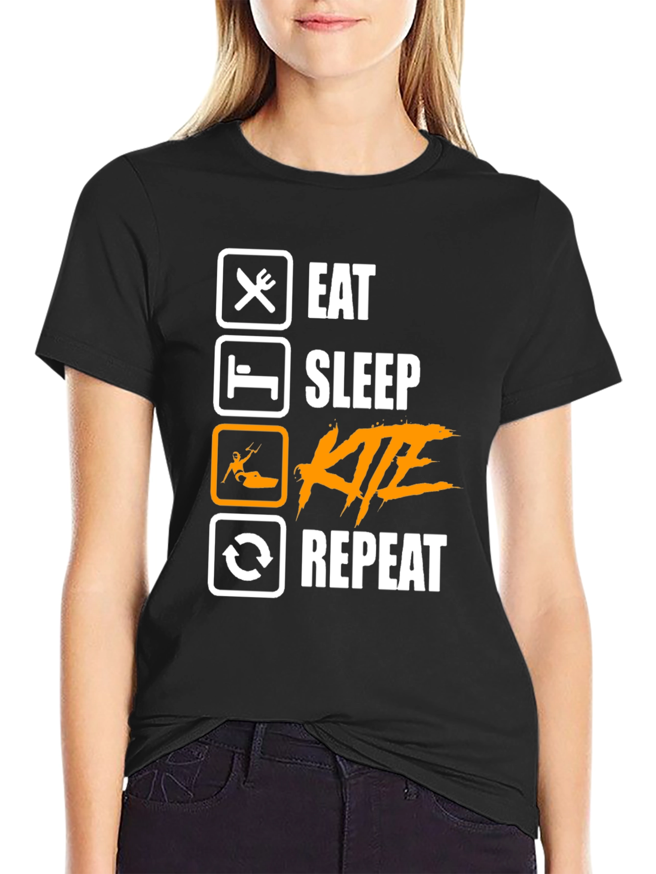 Eat Sleep Kite Repeat - Black Graphic T-Shirt