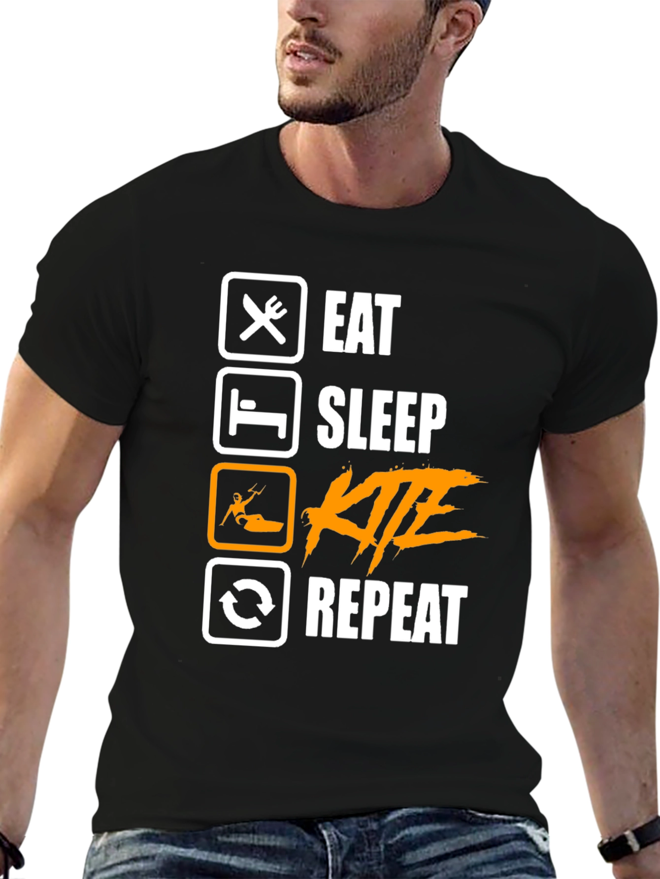 Eat Sleep Kite Repeat - Black Graphic T-Shirt