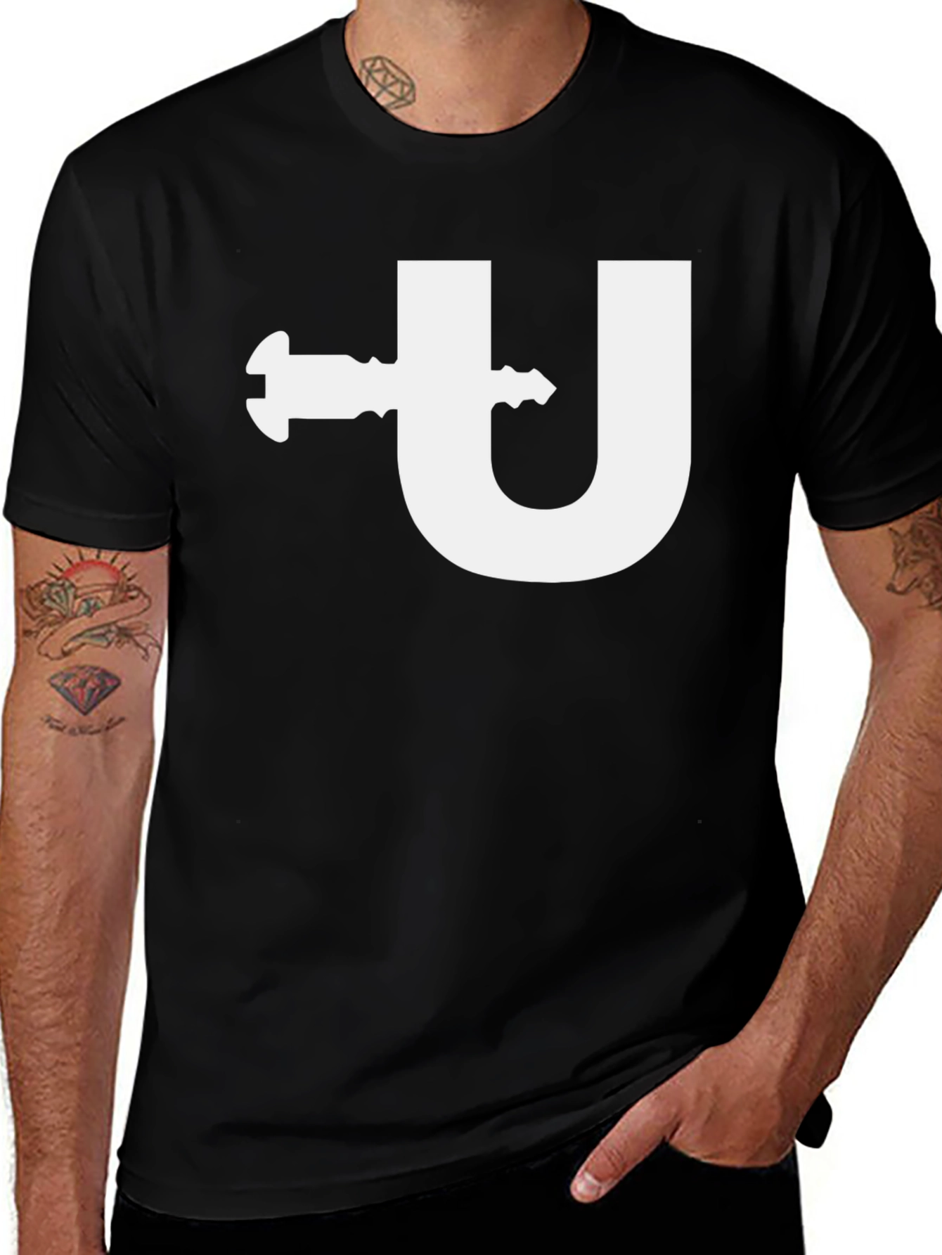 Modern Black T-Shirt with Letter U and Key Design
