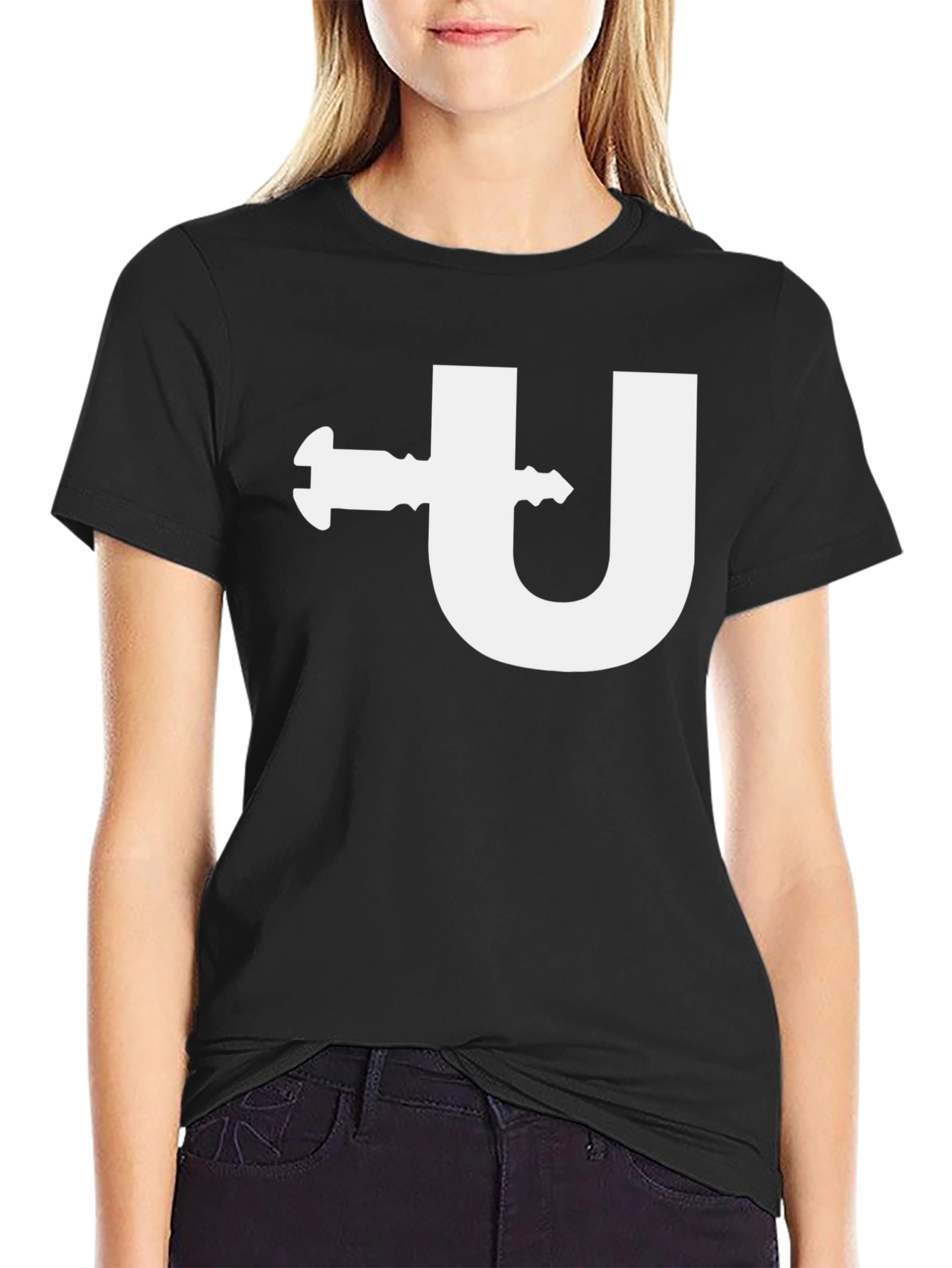 Modern Black T-Shirt with Letter U and Key Design