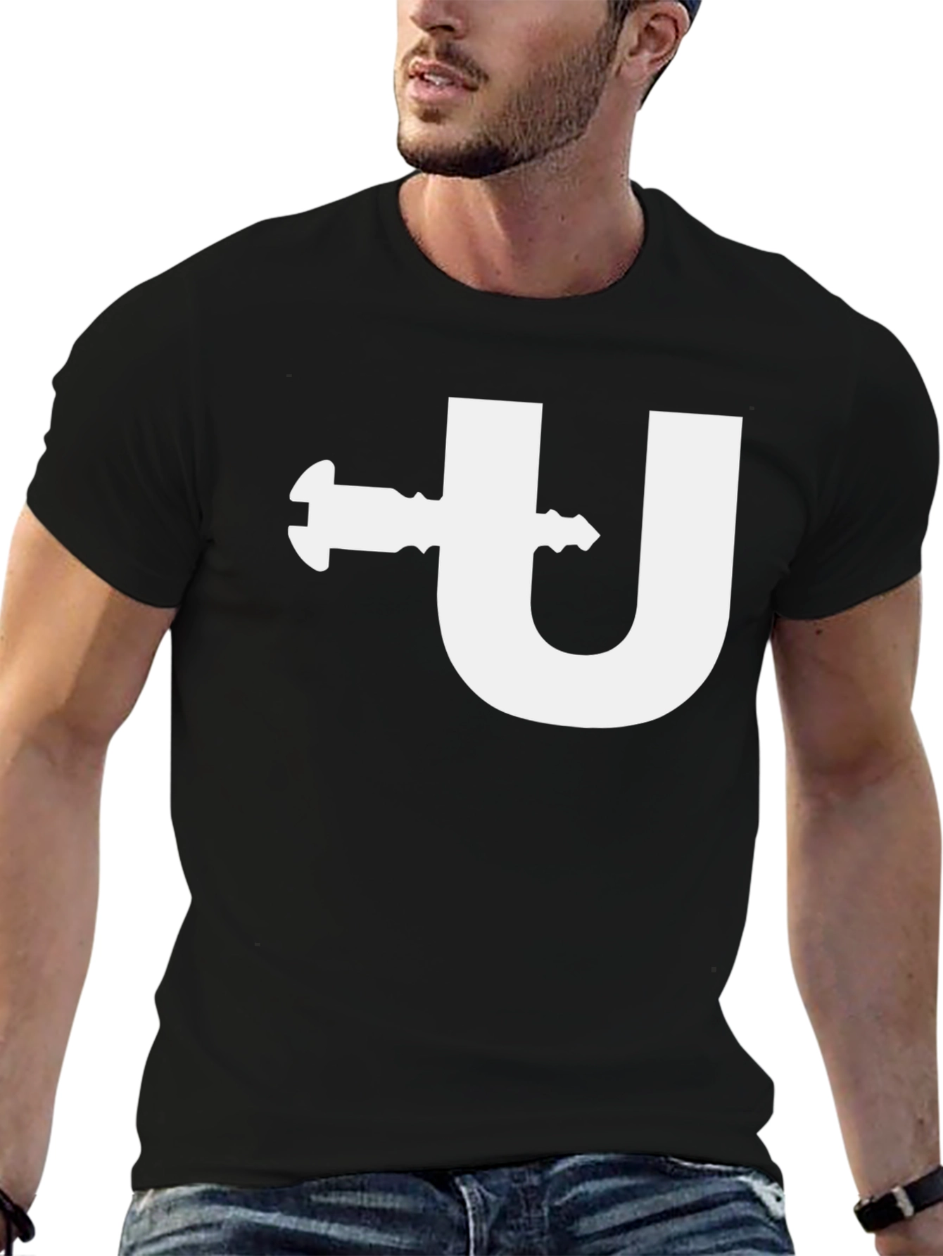 Modern Black T-Shirt with Letter U and Key Design