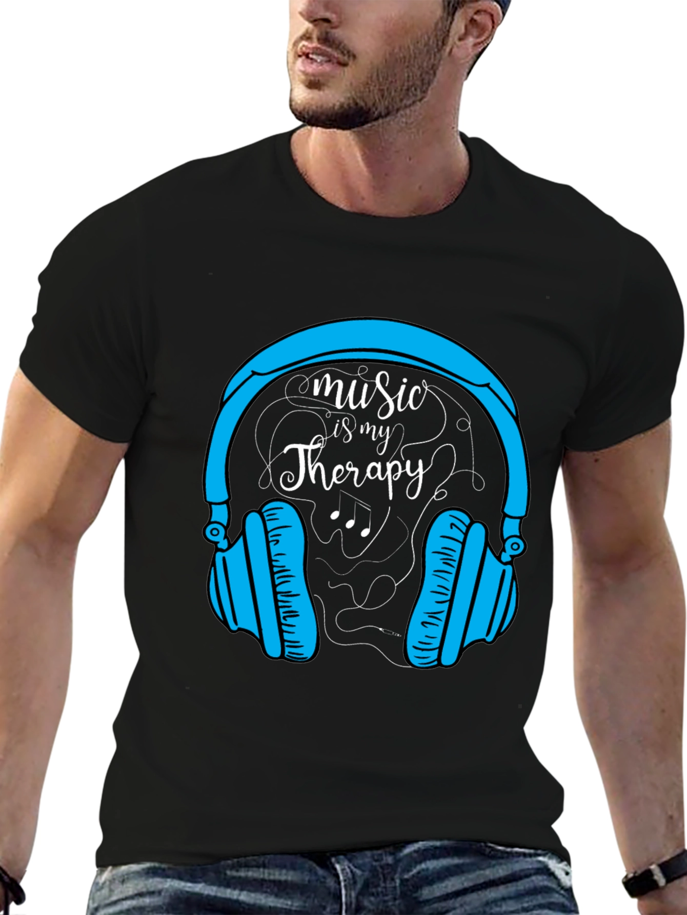 Music Therapy Tee - Headphones Graphic Black T-Shirt