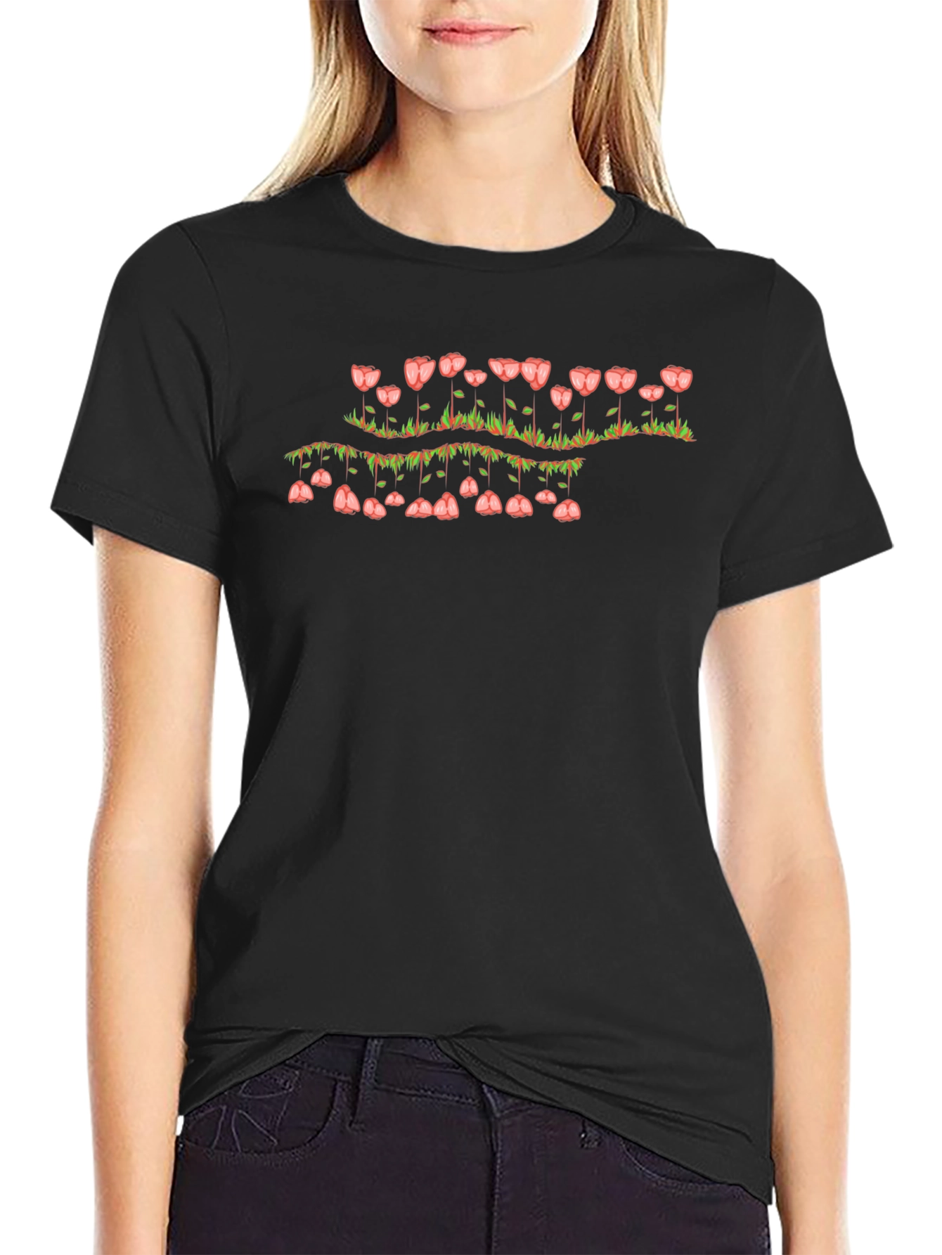 Floral Cascade Black T-Shirt