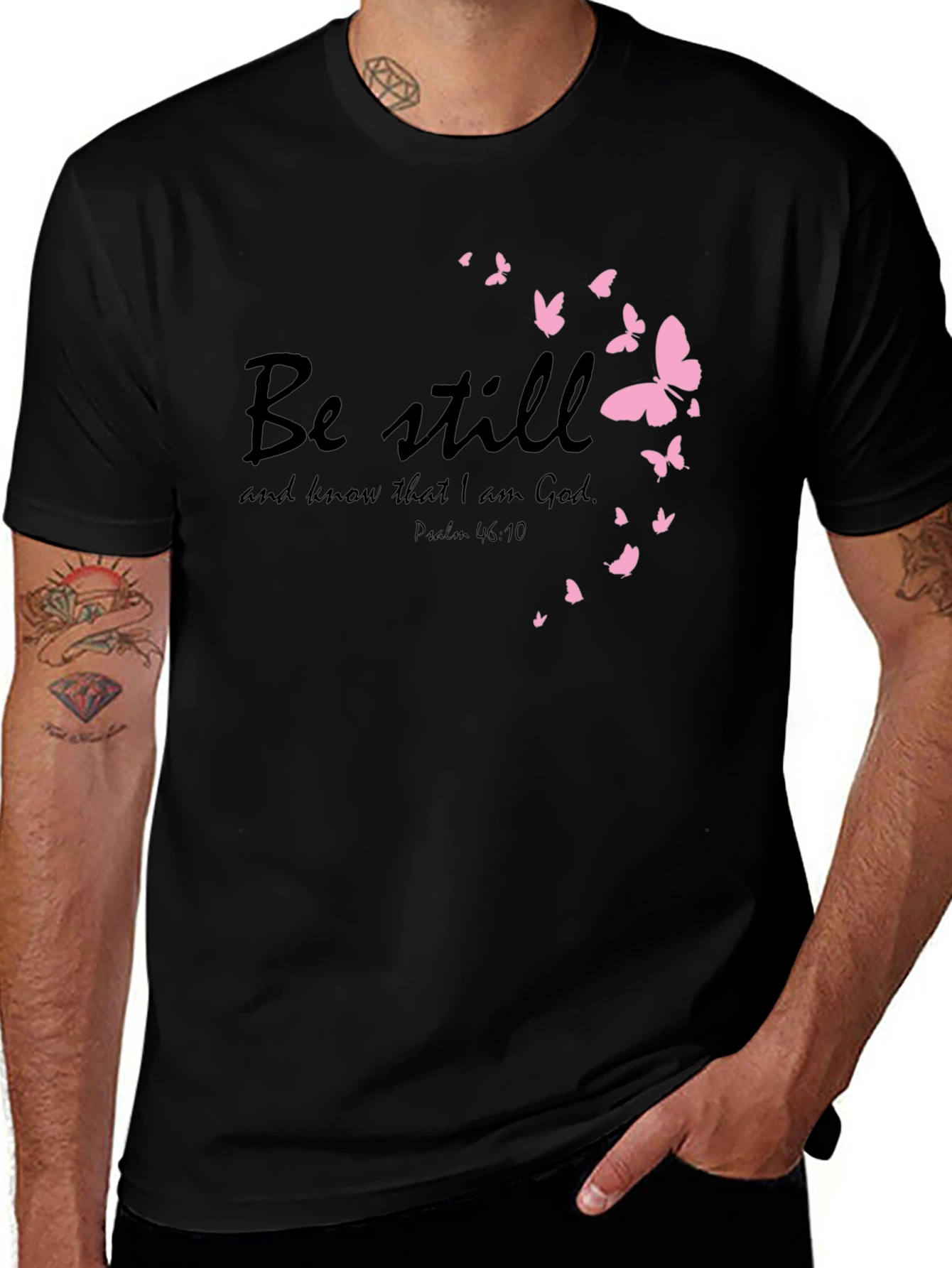 Be Still Christian T-Shirt with Pink Butterflies