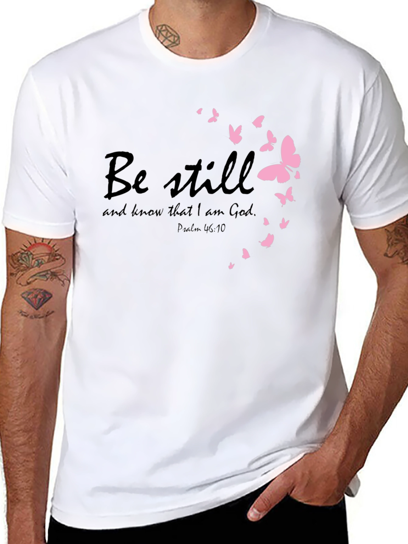 Be Still Christian T-Shirt with Pink Butterflies
