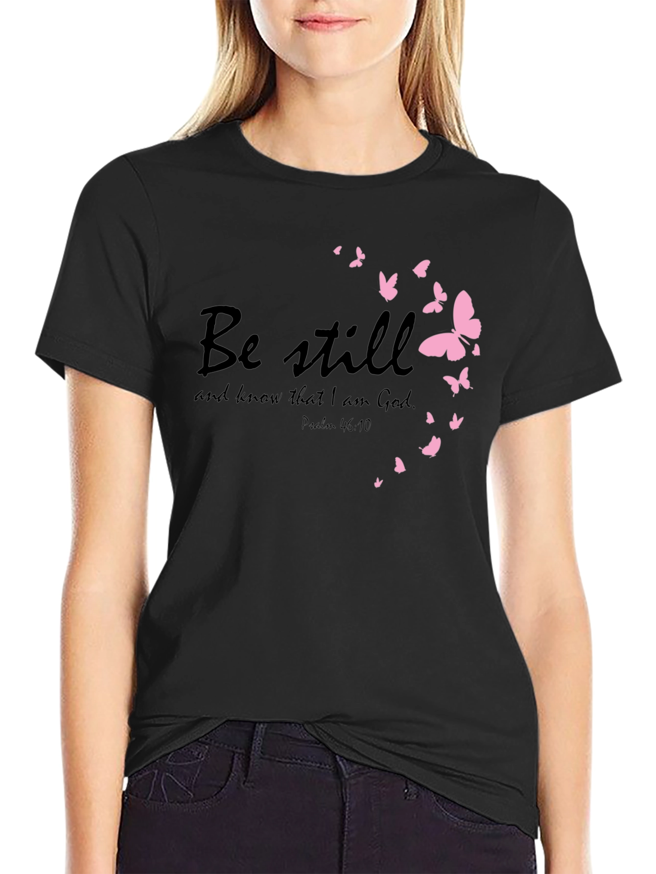 Be Still Christian T-Shirt with Pink Butterflies
