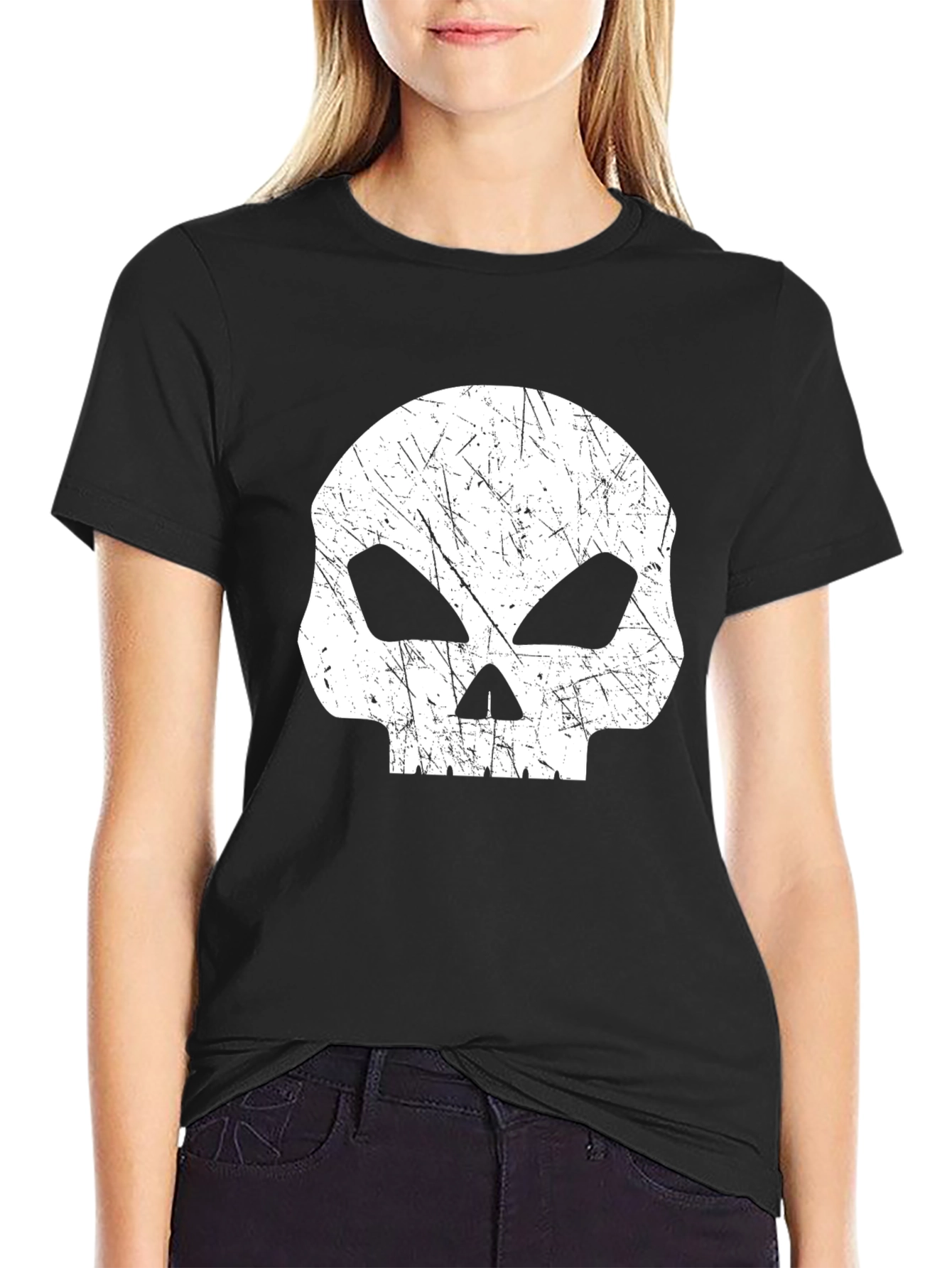Mens Black T-Shirt with Distressed Skull Graphic