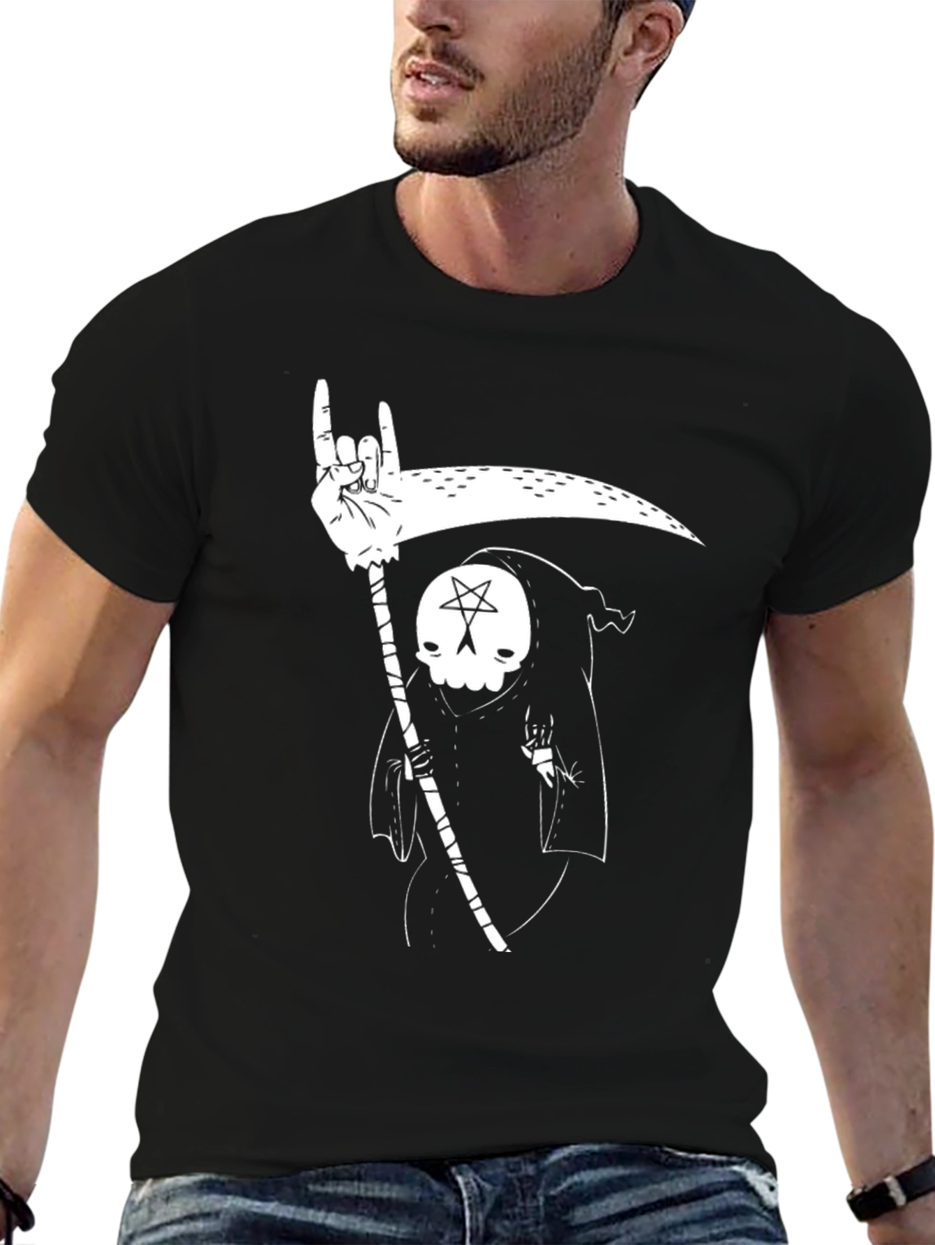 Grim Reaper Rock On T-Shirt - Black Graphic Tee