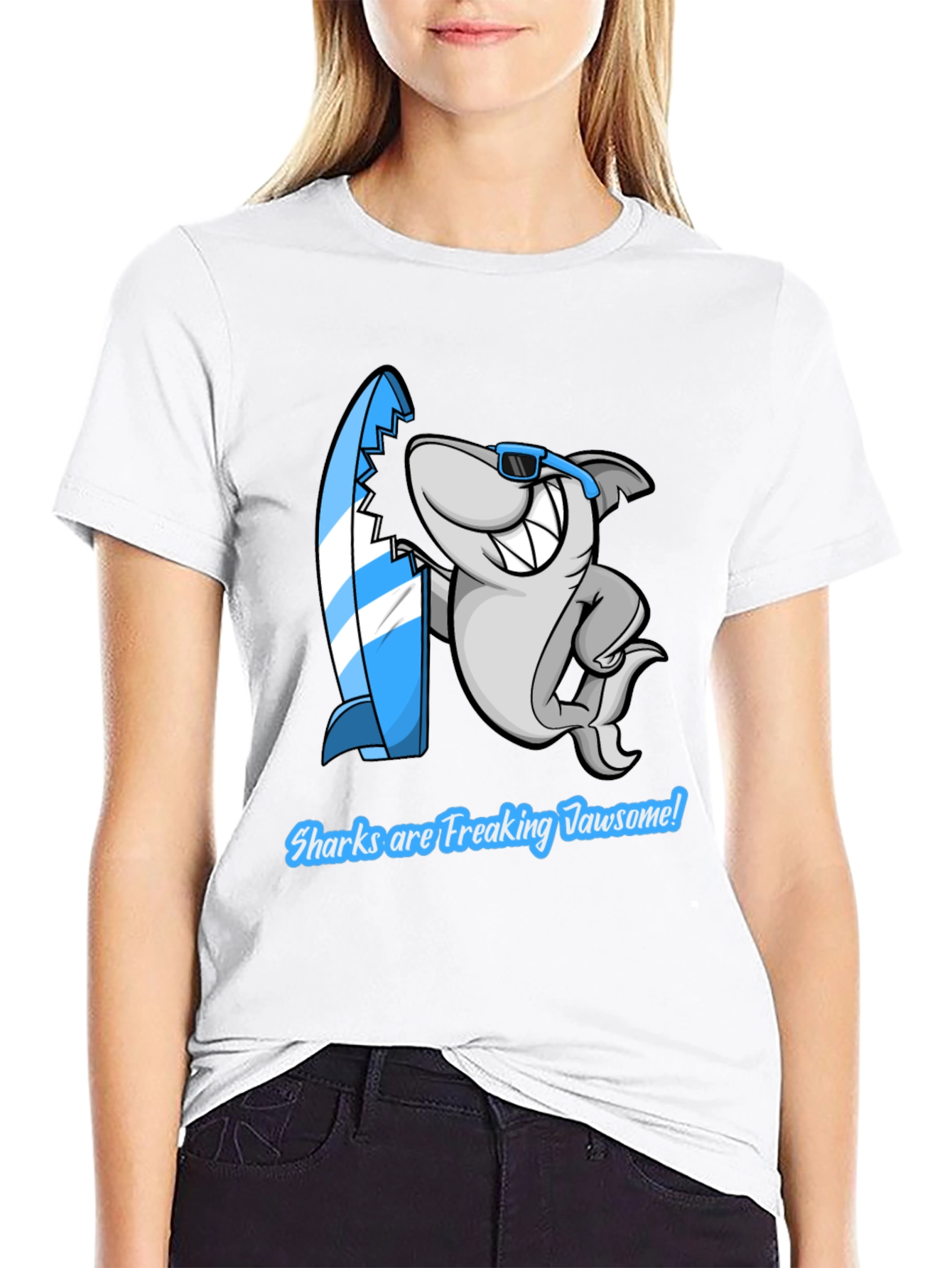 Shark Jawsome T-Shirt - Funny Cartoon Shark with Surfboard