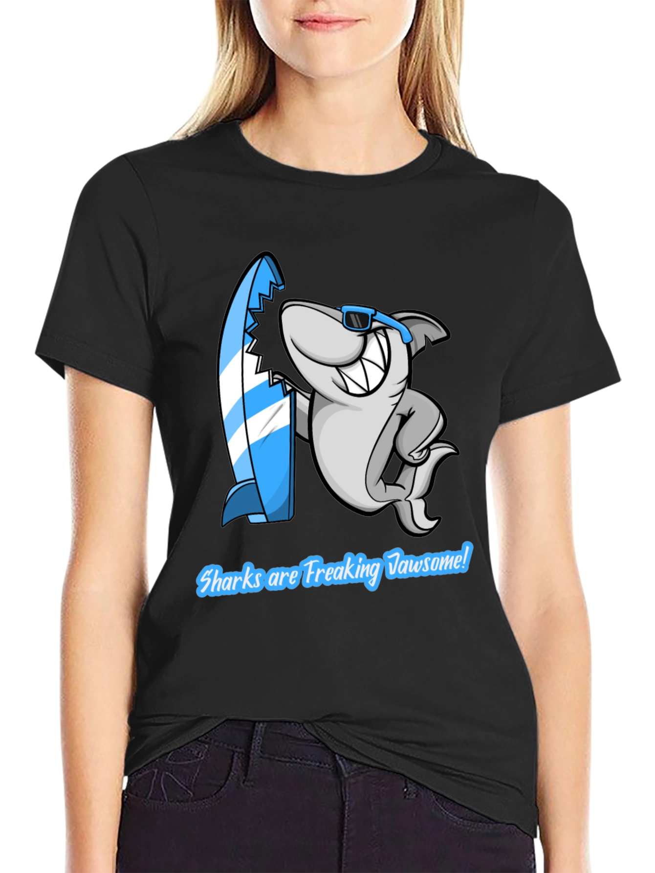 Shark Jawsome T-Shirt - Funny Cartoon Shark with Surfboard