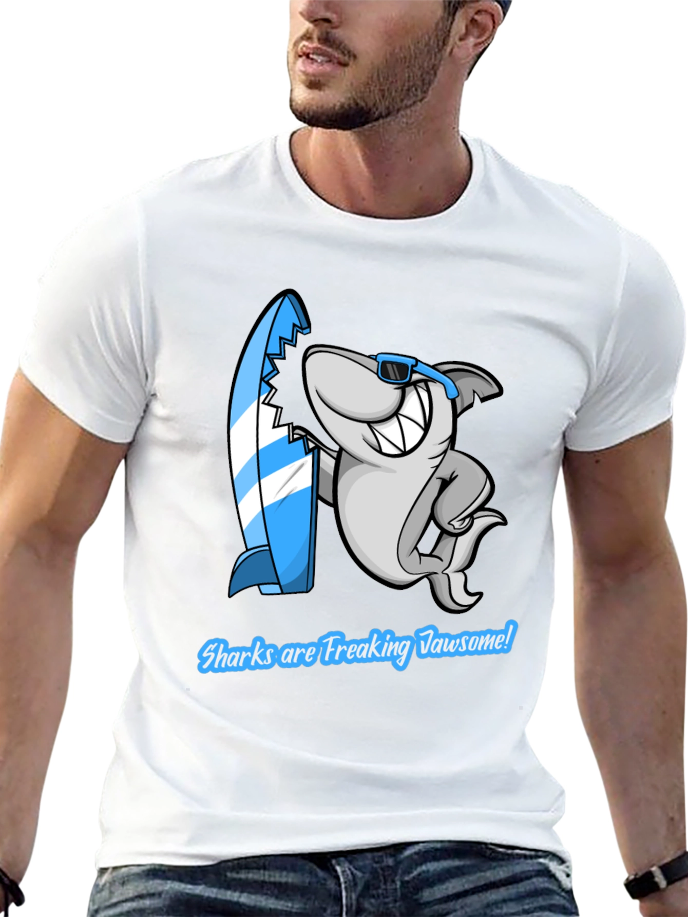 Shark Jawsome T-Shirt - Funny Cartoon Shark with Surfboard