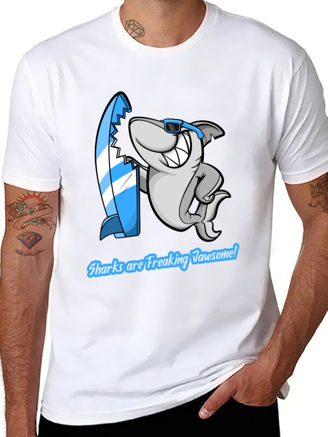 Shark Jawsome T-Shirt - Funny Cartoon Shark with Surfboard