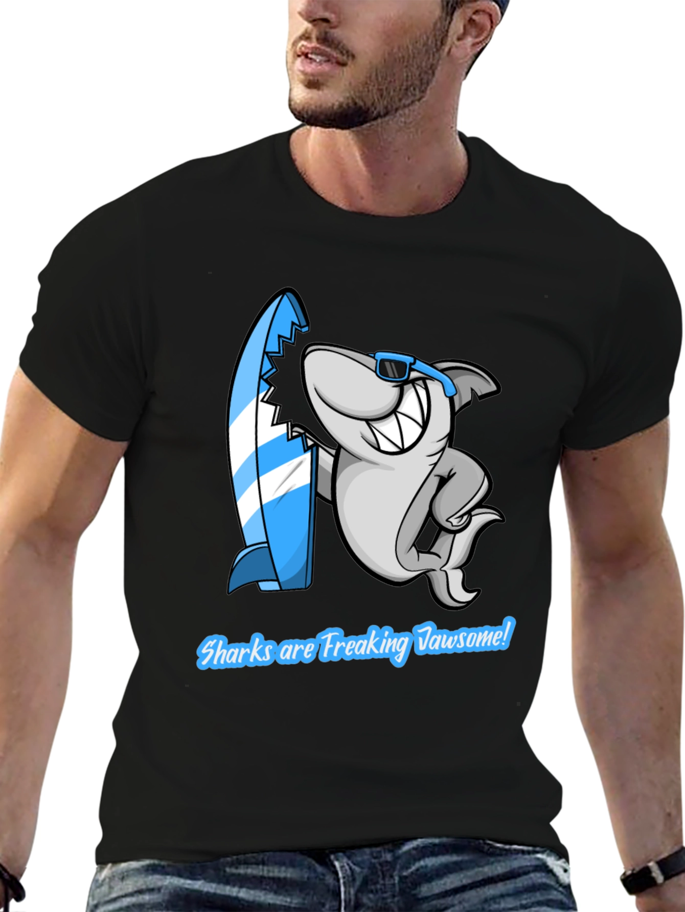 Shark Jawsome T-Shirt - Funny Cartoon Shark with Surfboard