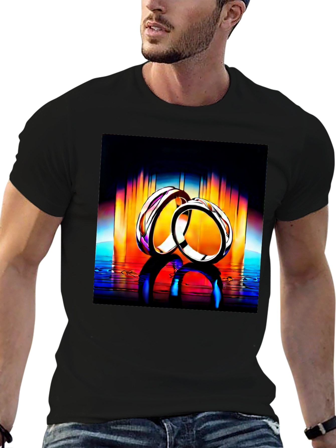 Rings Reflection Graphic Tee - Stylish Black T-Shirt