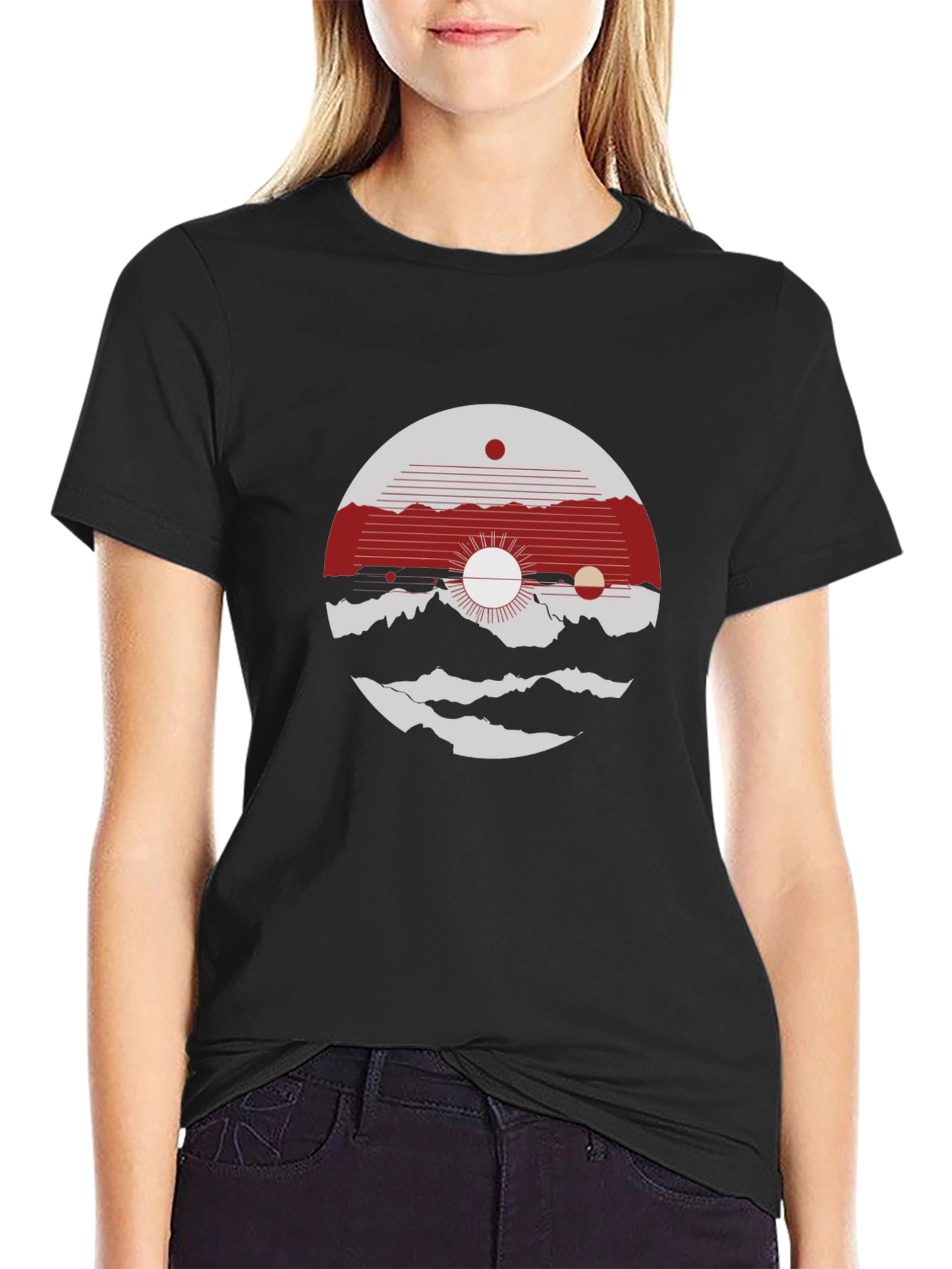 Abstract Graphic Tee: Mountain & Sun Design