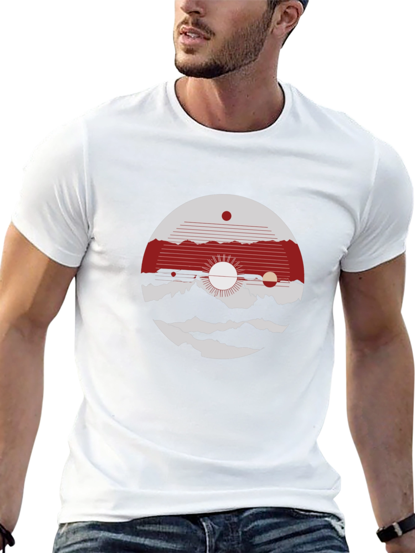 Abstract Graphic Tee: Mountain & Sun Design