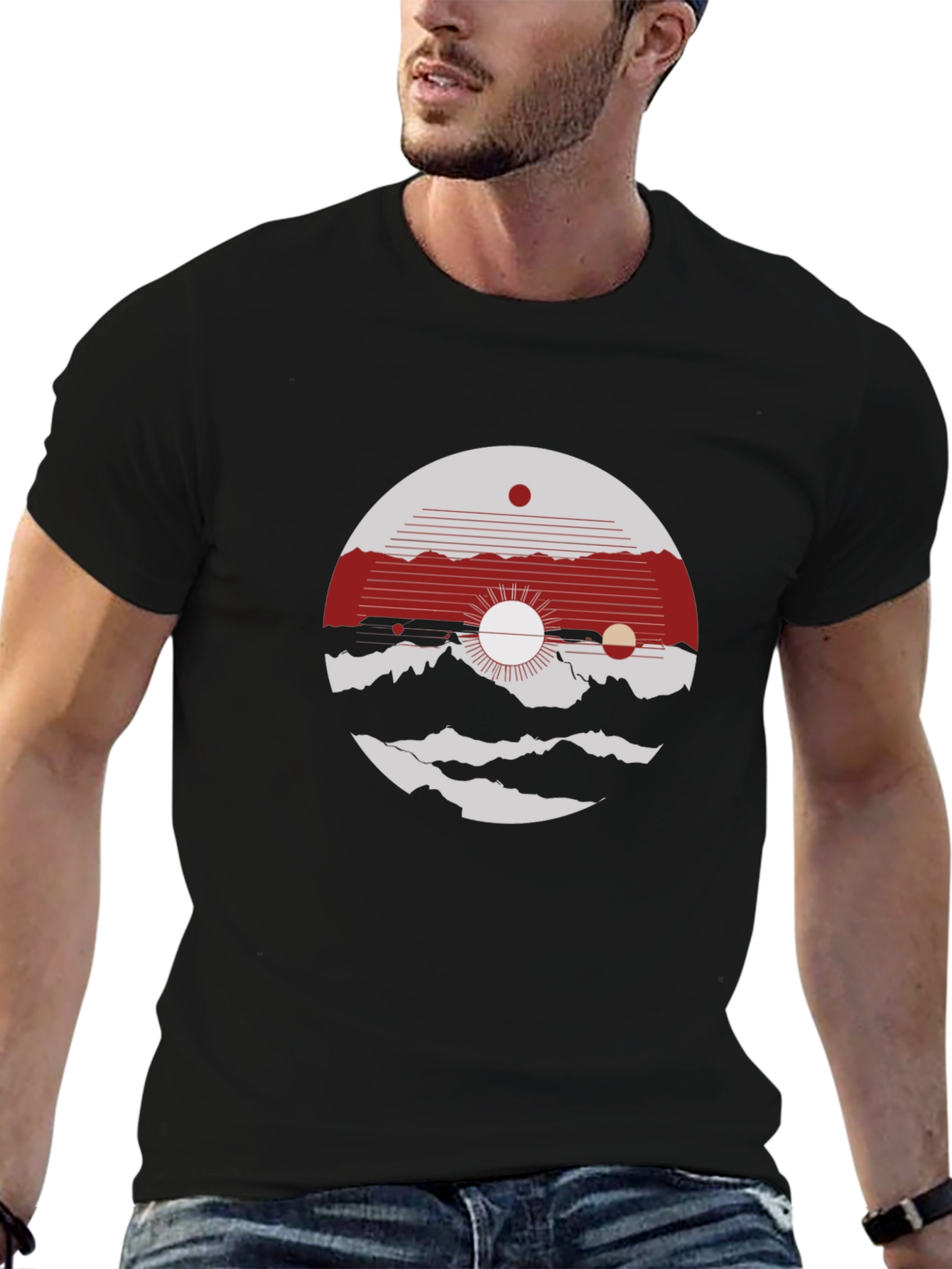 Abstract Graphic Tee: Mountain & Sun Design