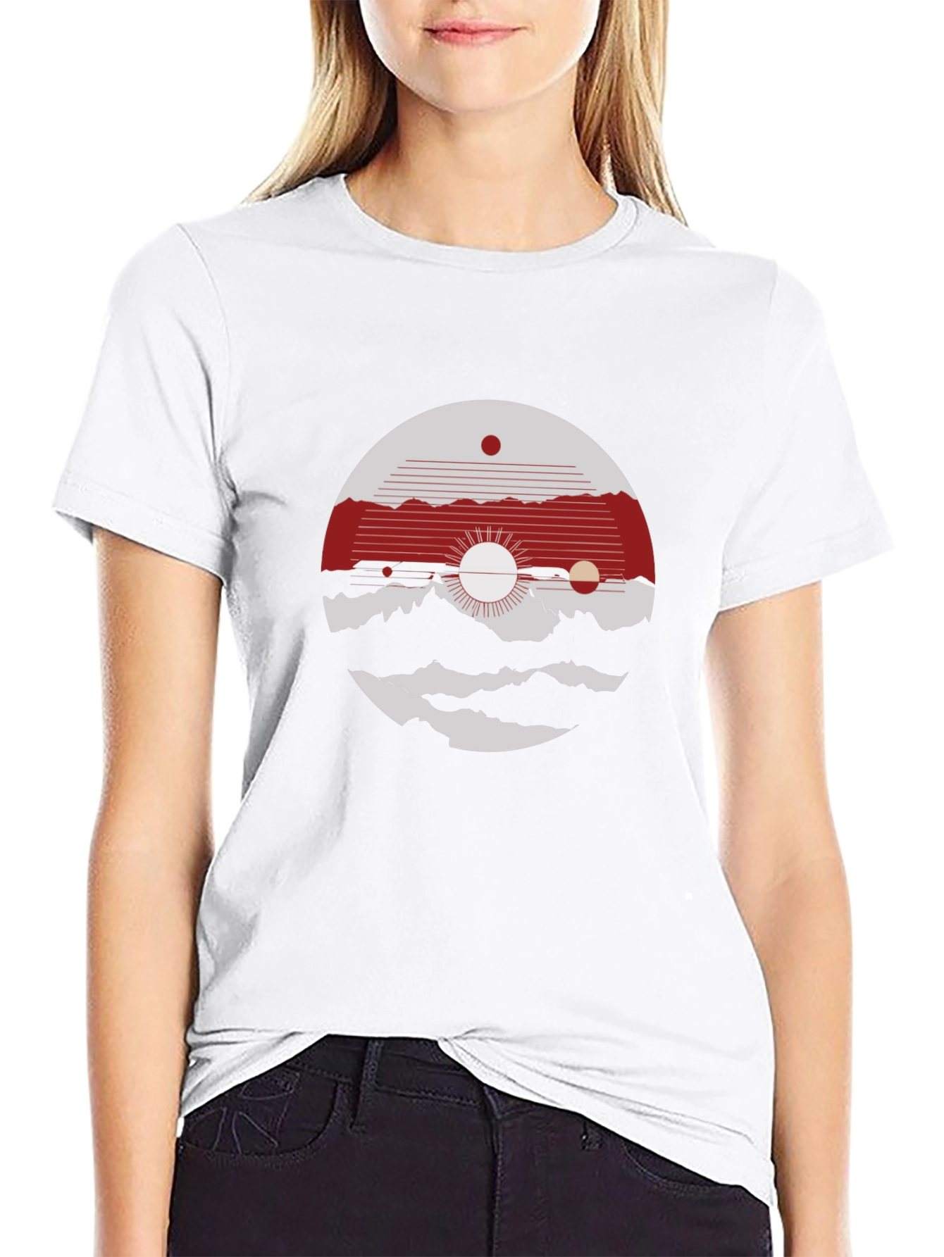 Abstract Graphic Tee: Mountain & Sun Design