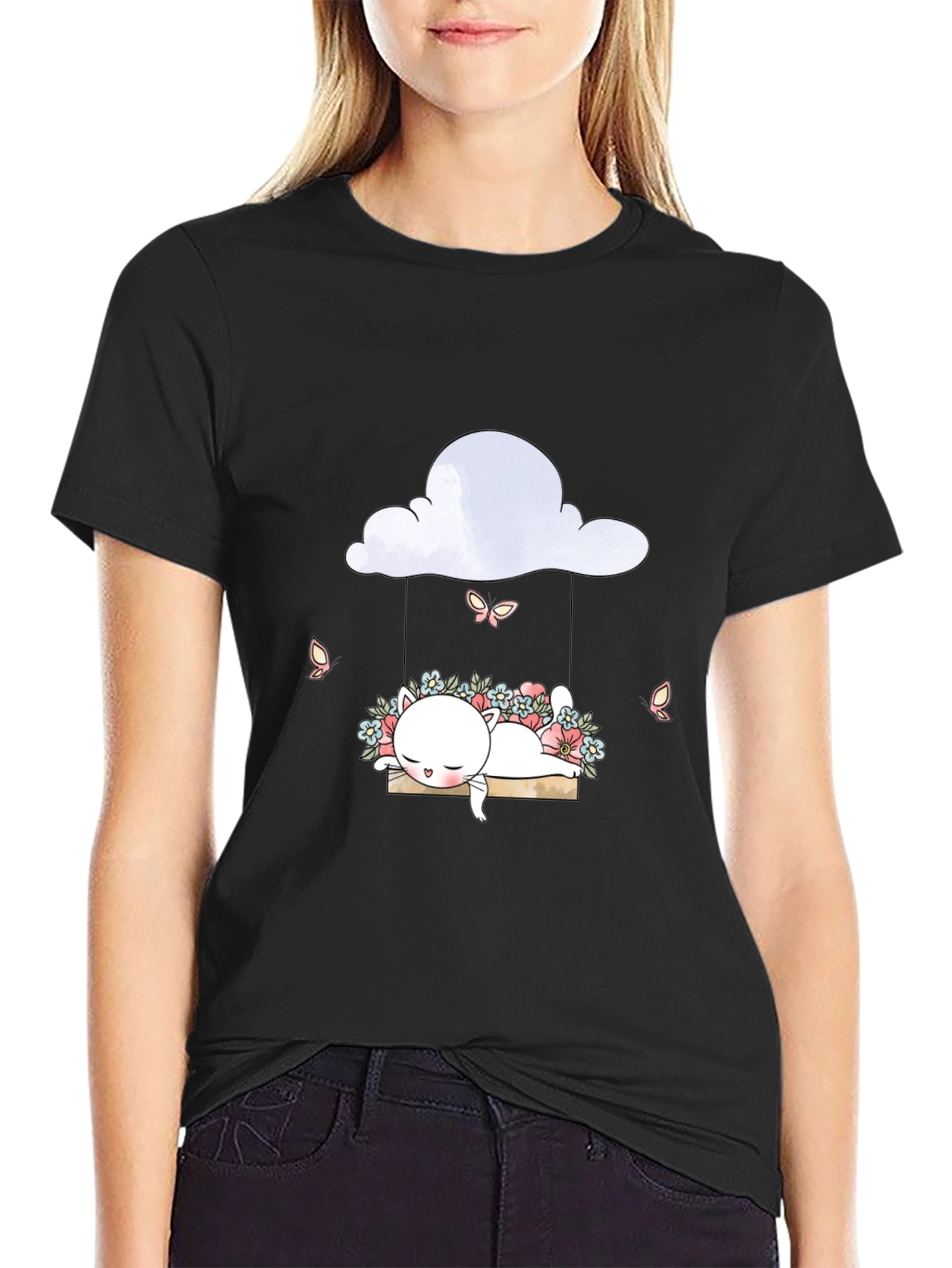 Cute Cat on Cloud Swing Graphic Tee