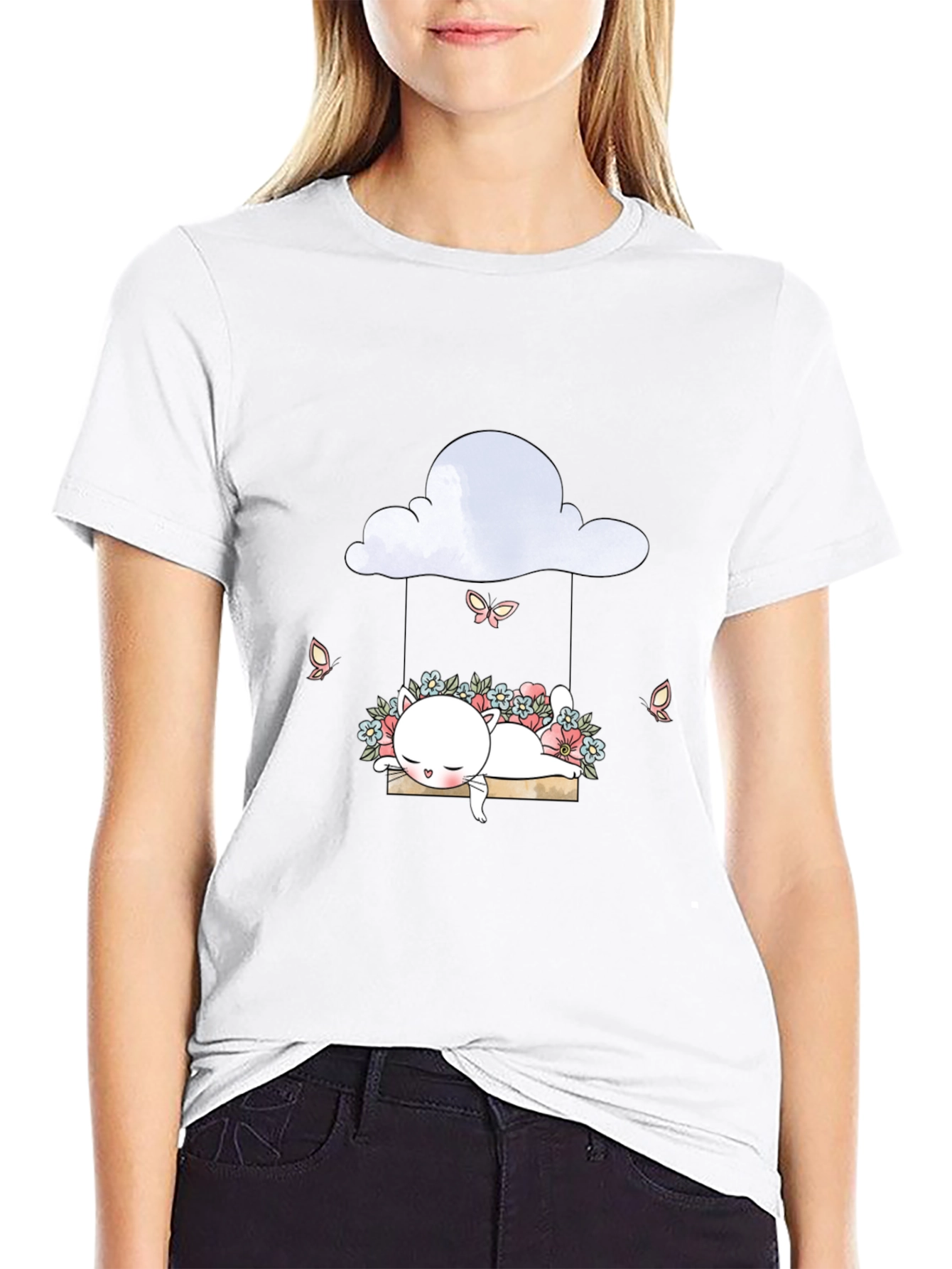 Cute Cat on Cloud Swing Graphic Tee