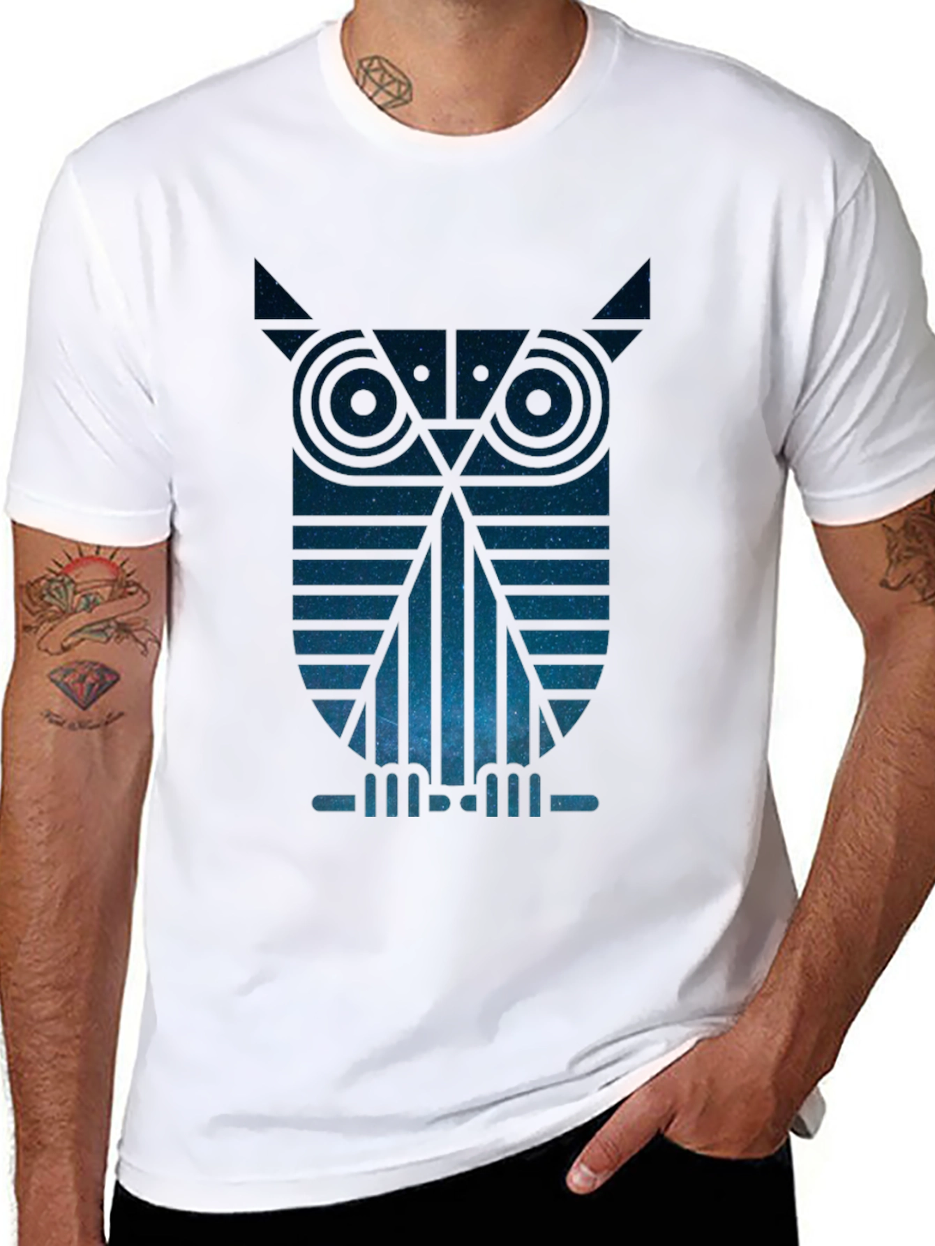 Geometric Owl Graphic Tee - Night Sky Design