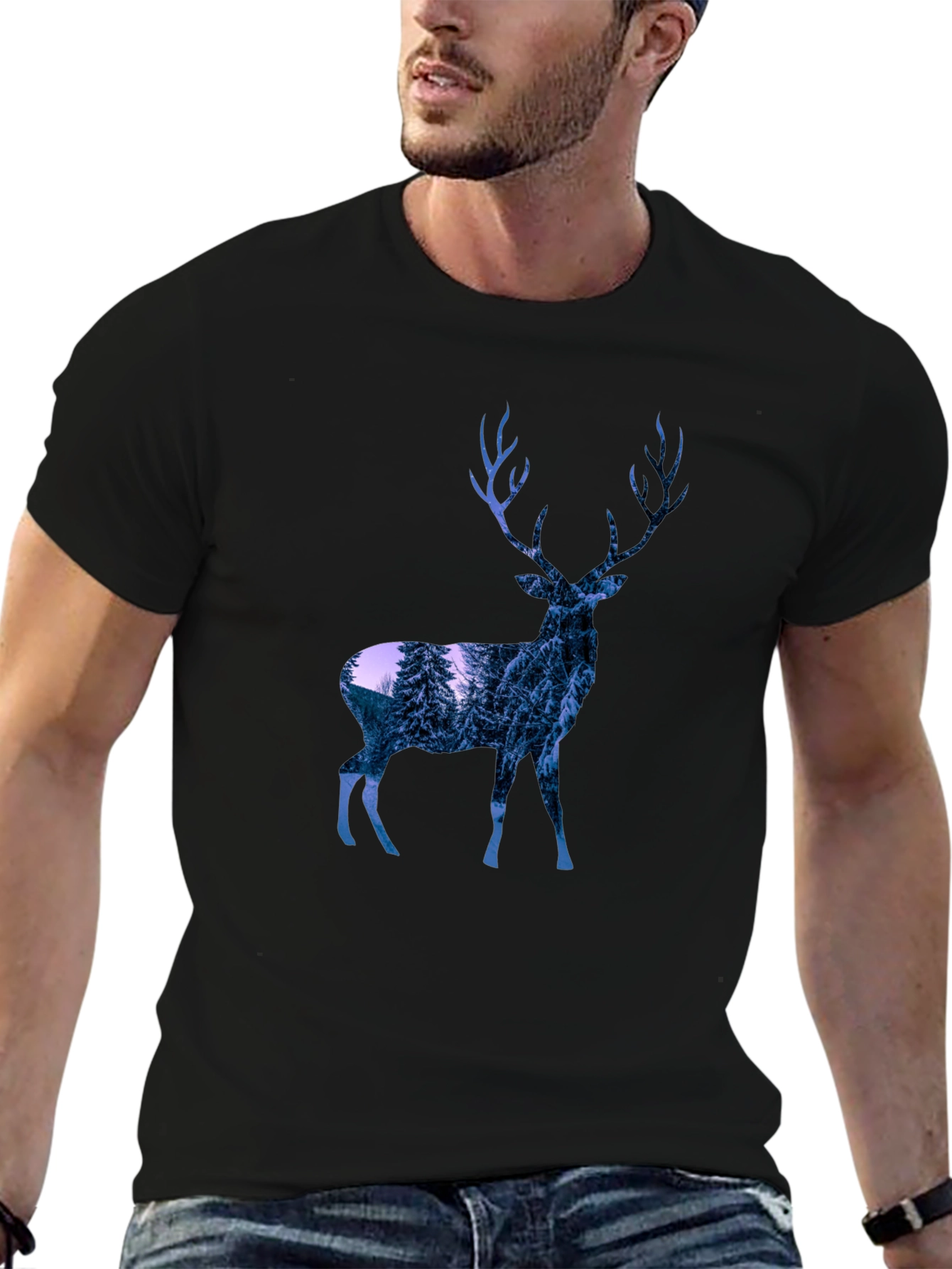 Deer Graphic Print T-Shirt - Black