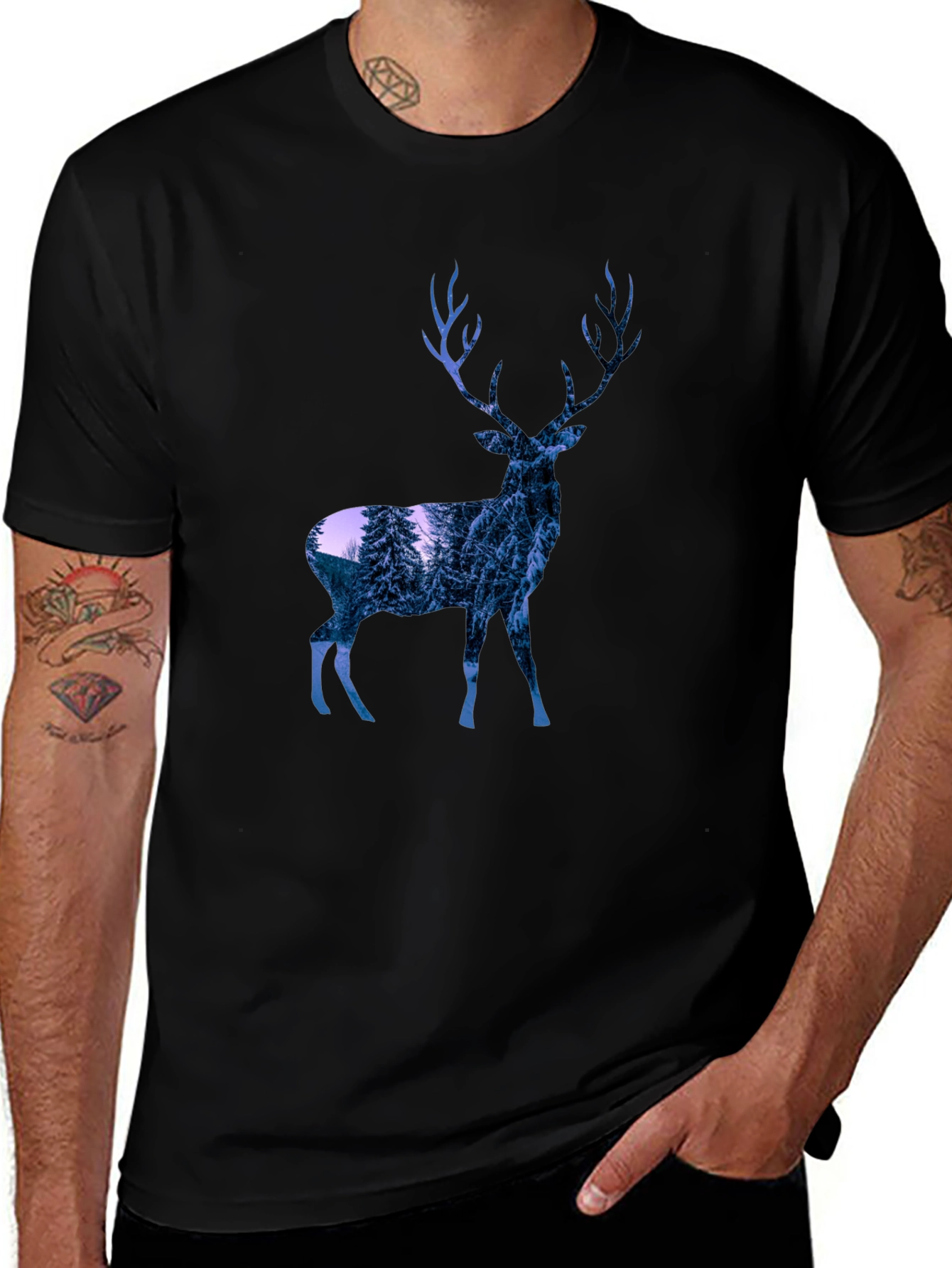Deer Graphic Print T-Shirt - Black