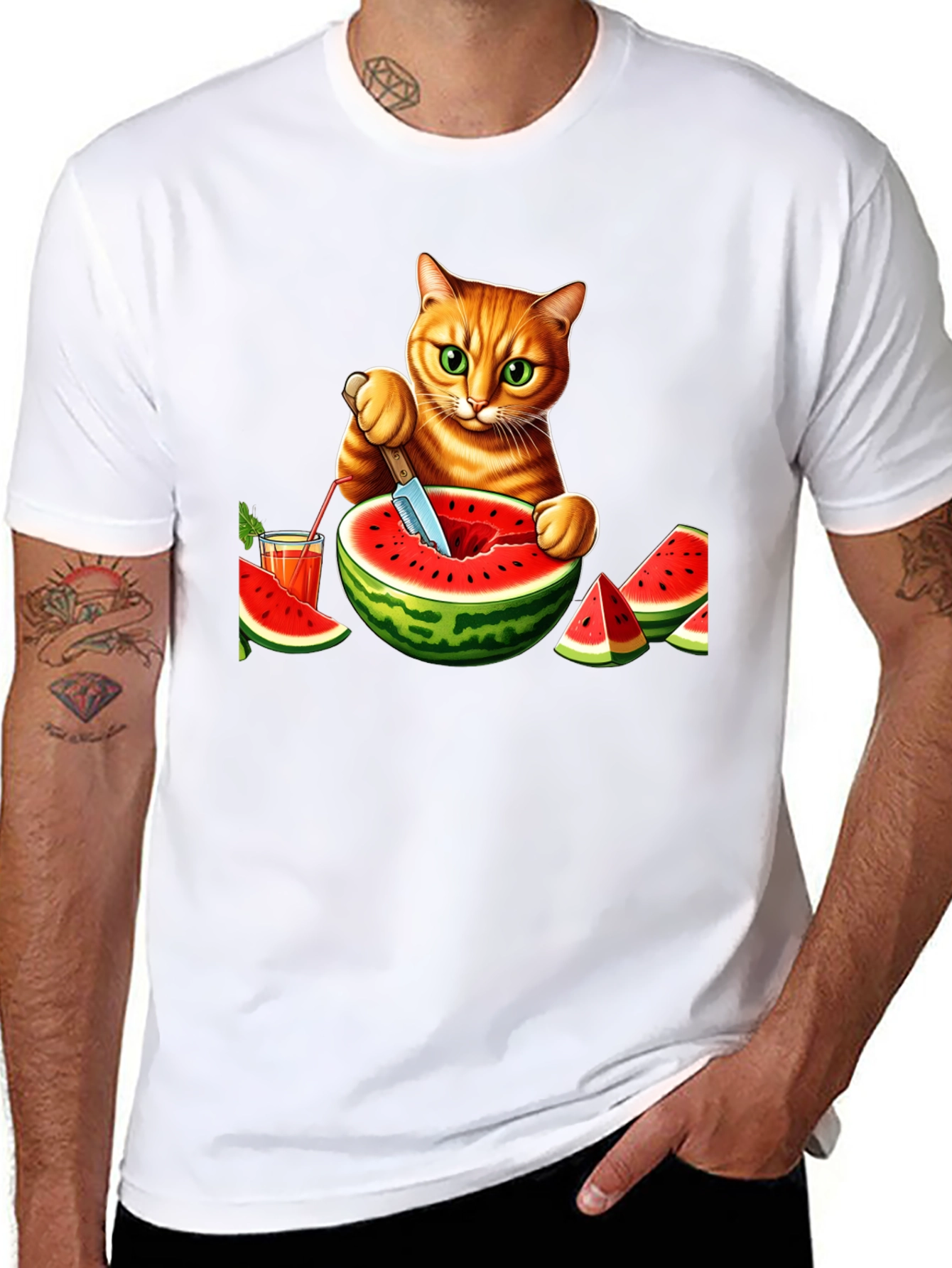 Cat Cutting Watermelon T-Shirt