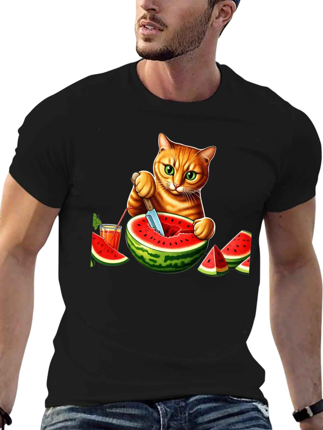 Cat Cutting Watermelon T-Shirt
