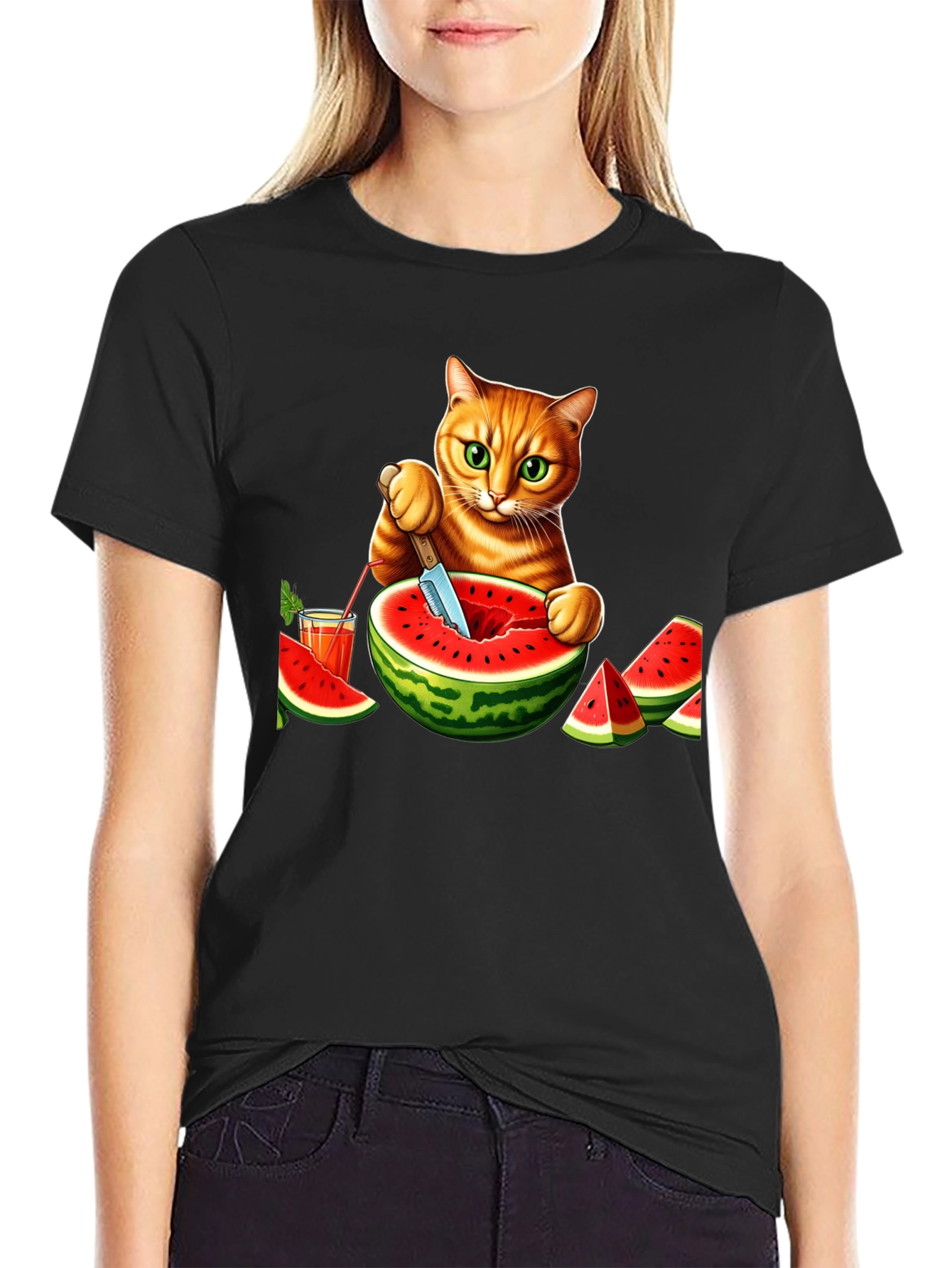 Cat Cutting Watermelon T-Shirt