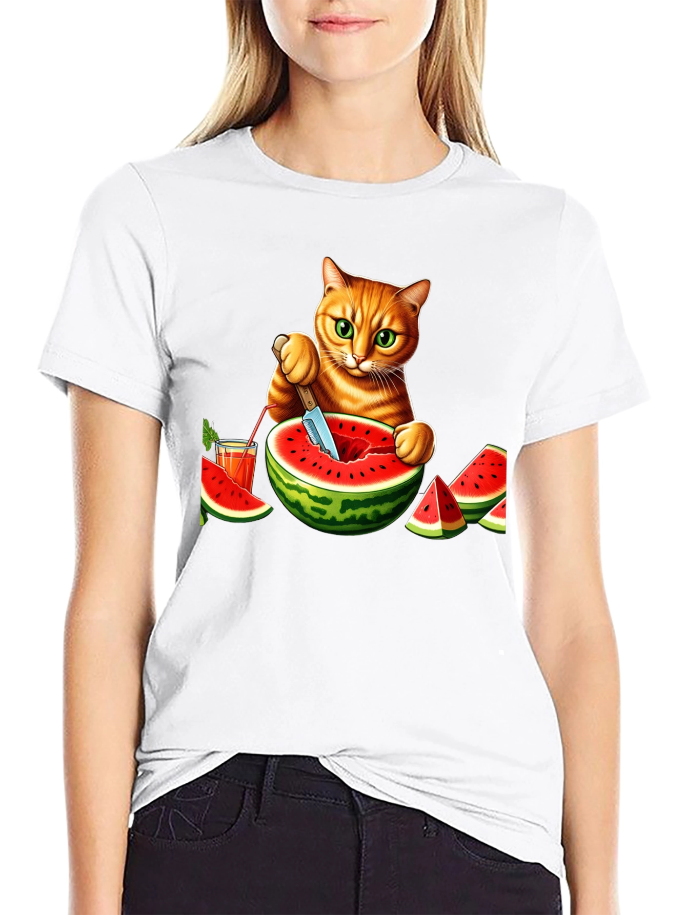 Cat Cutting Watermelon T-Shirt