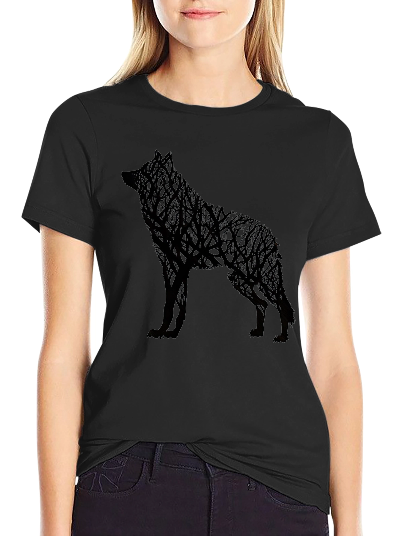 Wolf Tree Graphic Mens Black T-Shirt