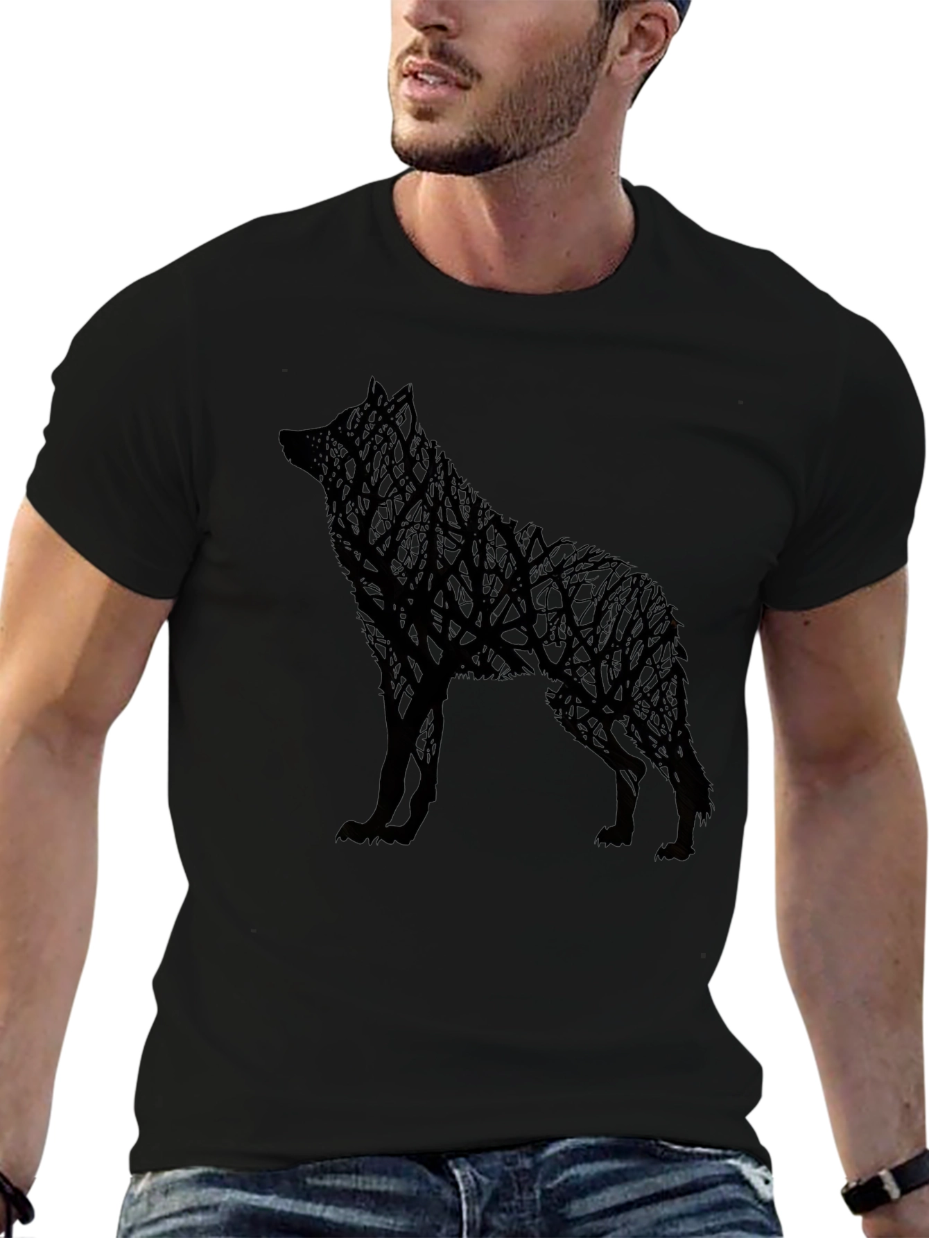 Wolf Tree Graphic Mens Black T-Shirt
