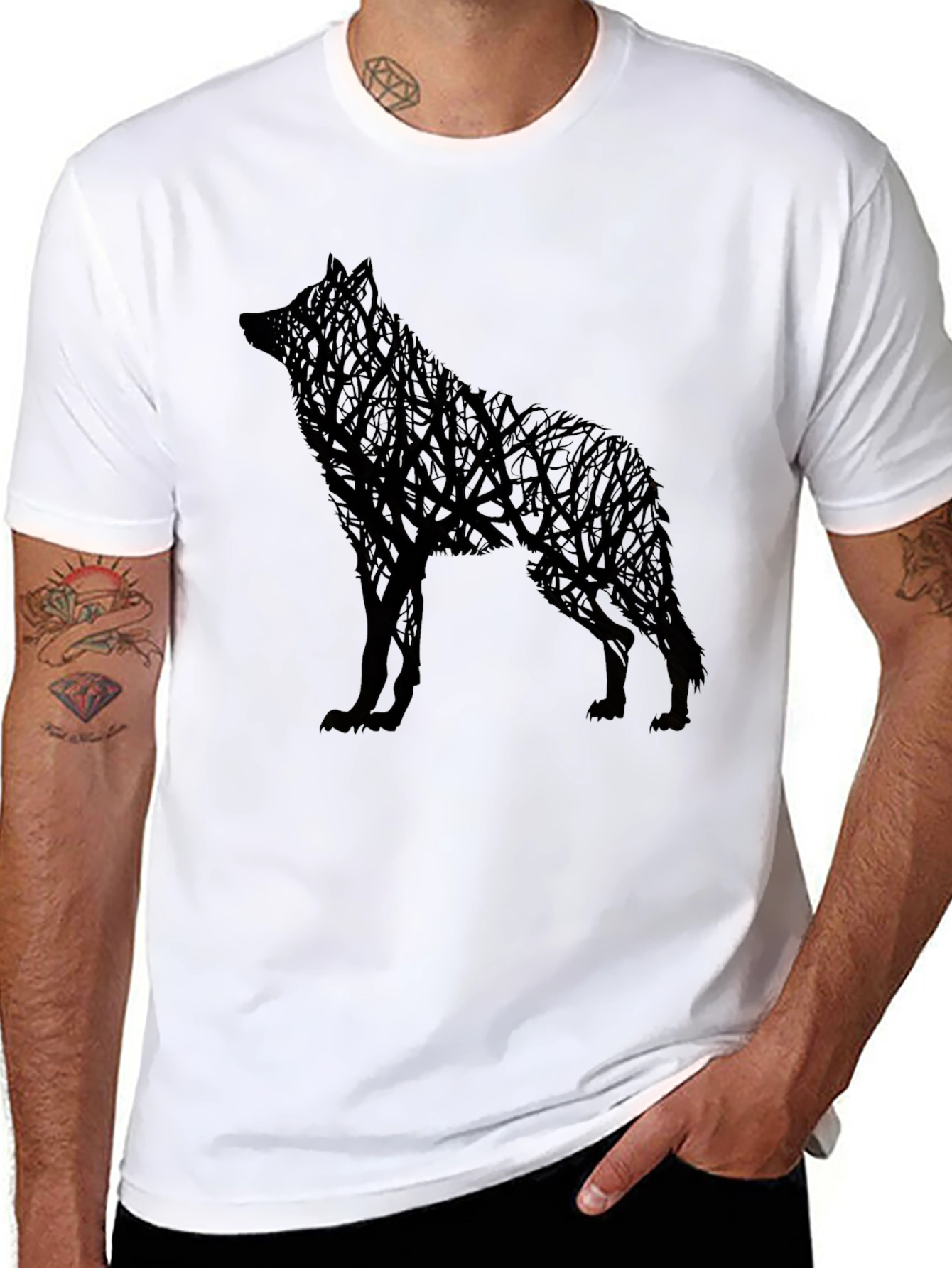 Wolf Tree Graphic Mens Black T-Shirt