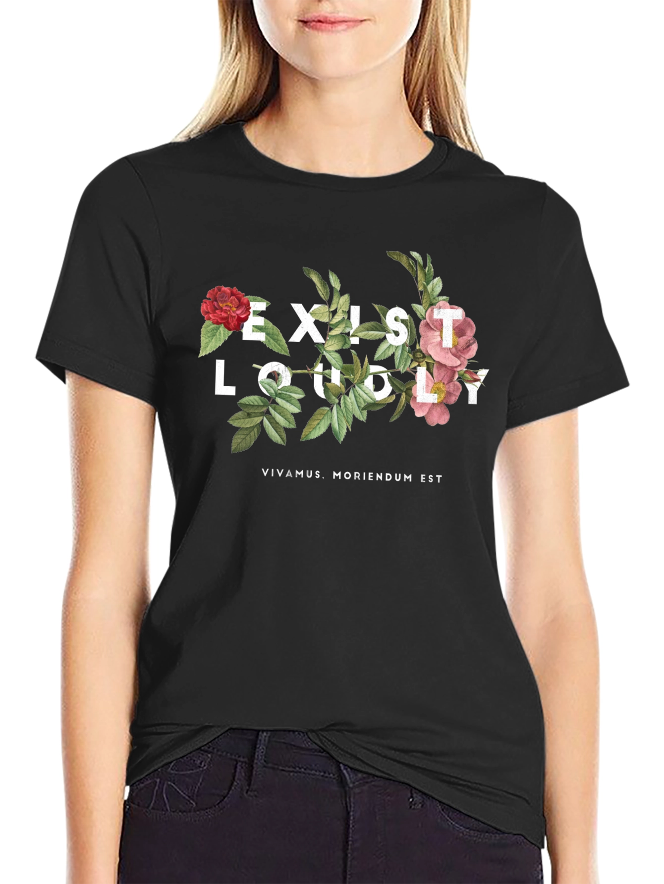 Exist Loudly Floral Print Black T-Shirt