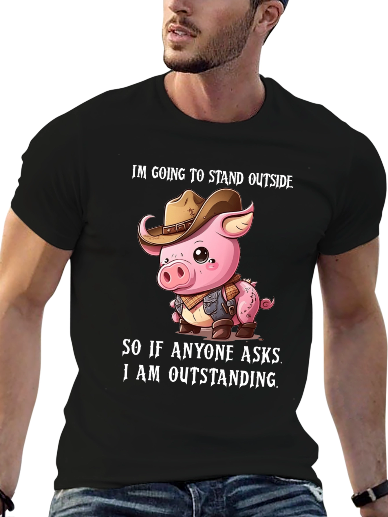 Funny Pig Cowboy Graphic Tee - Im Outstanding