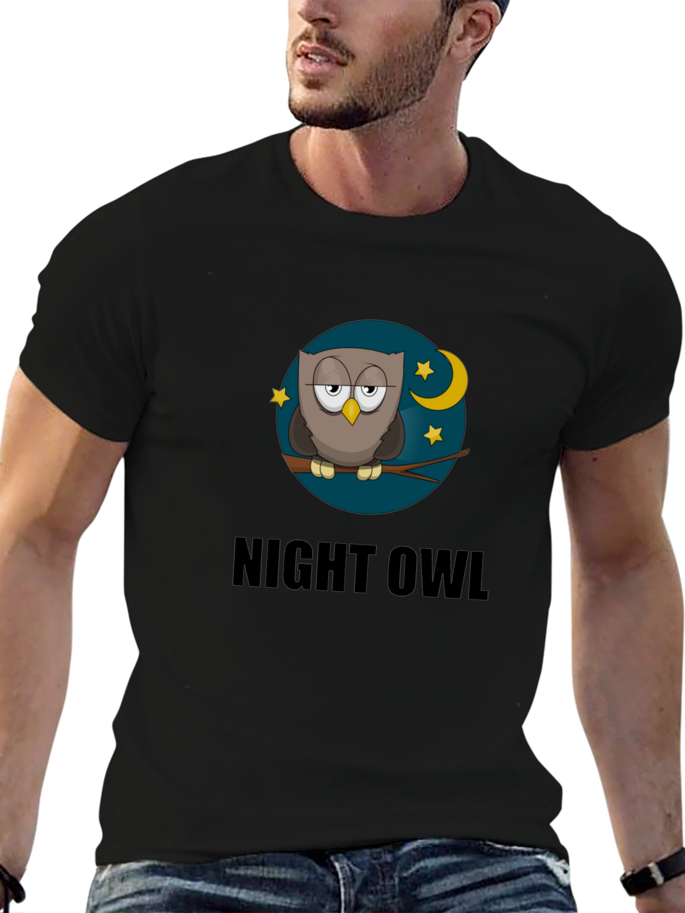Night Owl T-Shirt - Cartoon Moon & Stars Design