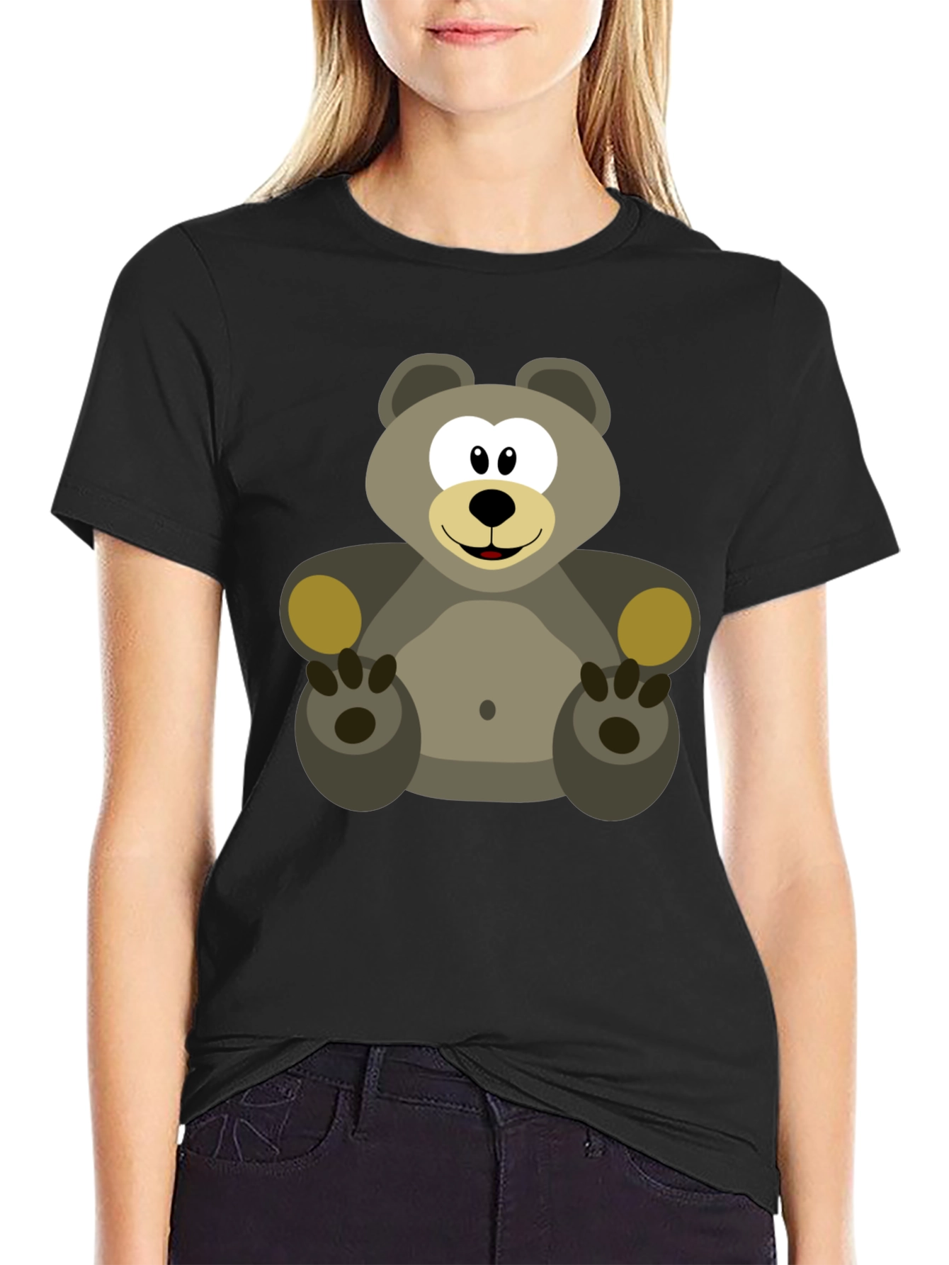 Cartoon Bear Graphic Tee - Black Cotton Blend