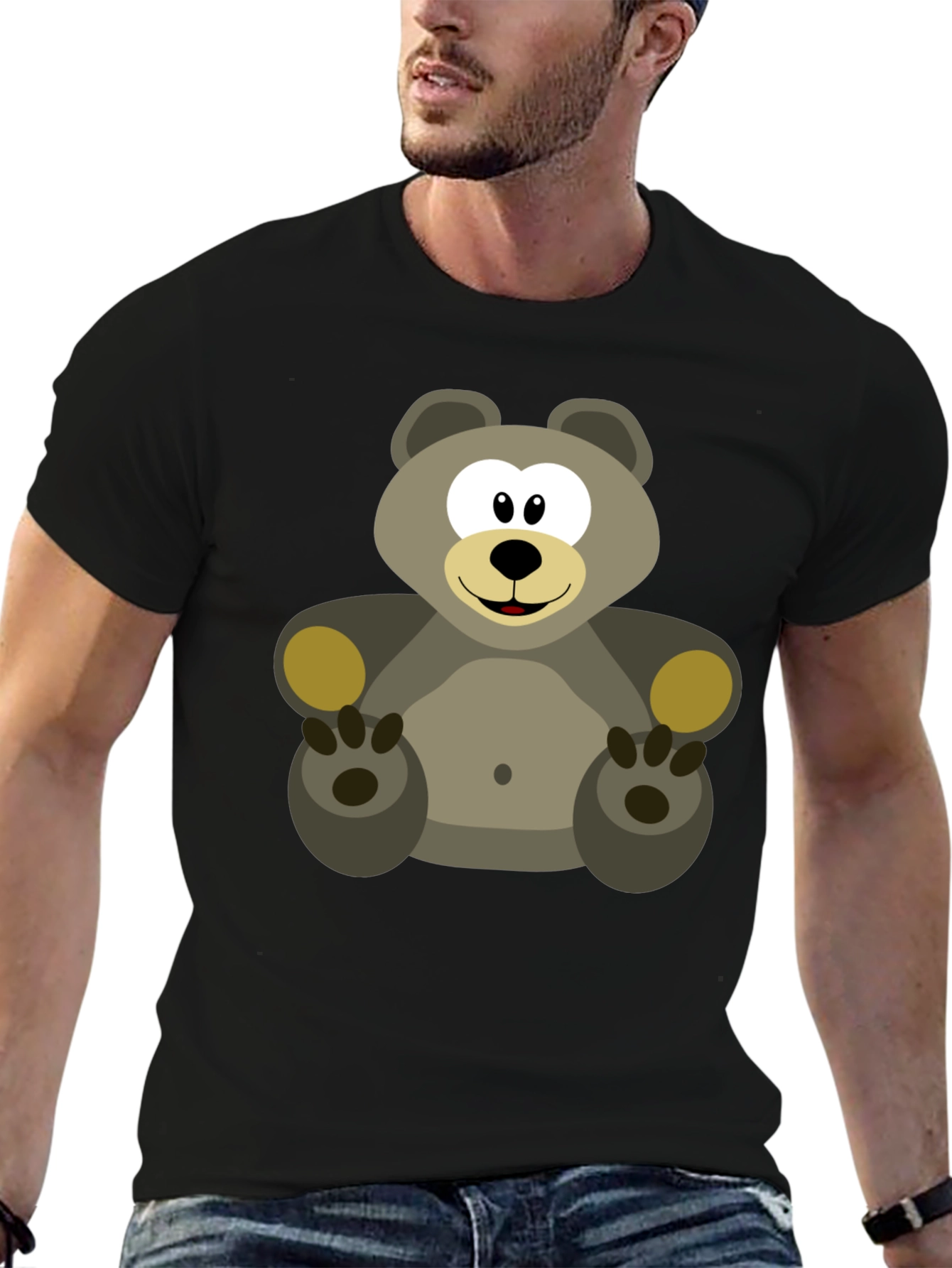 Cartoon Bear Graphic Tee - Black Cotton Blend