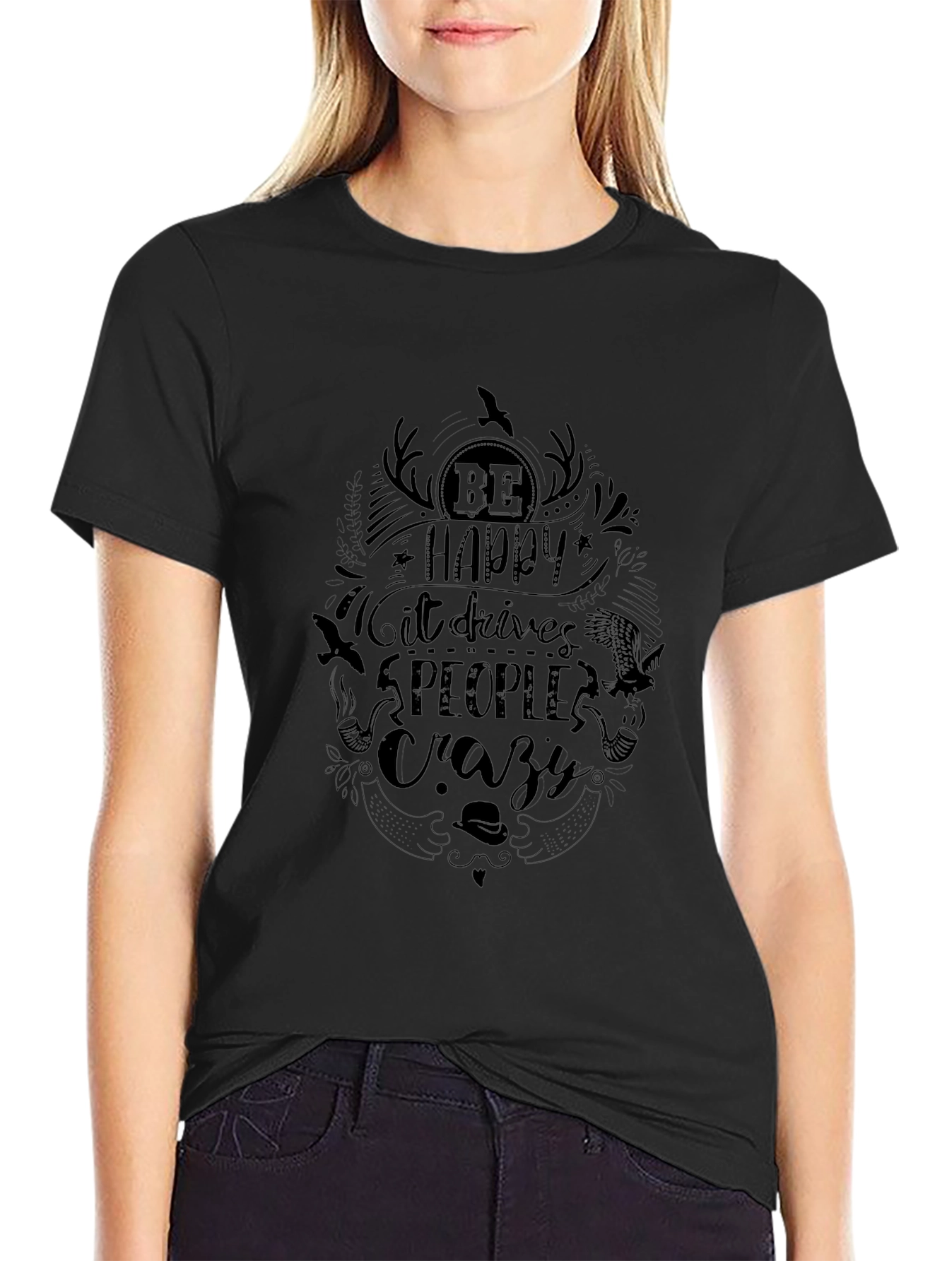 Be Happy Graphic Black T-Shirt
