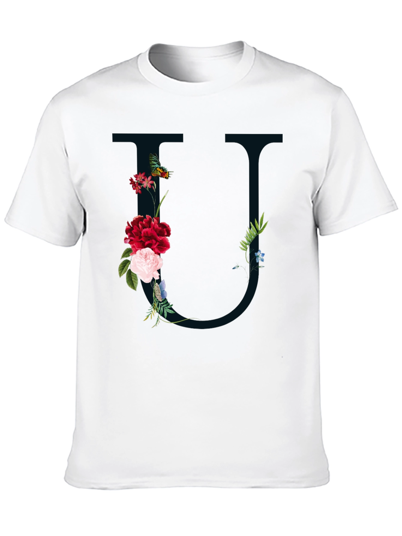 Floral Letter U Black T-Shirt
