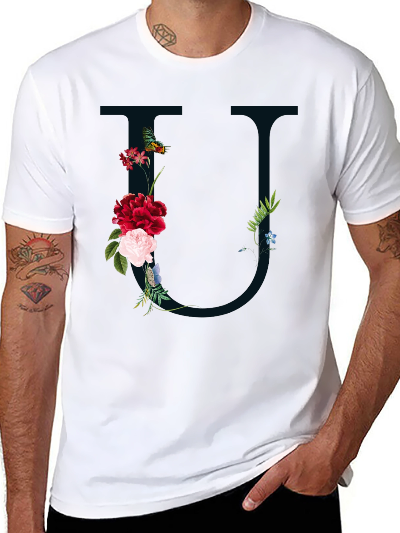 Floral Letter U Black T-Shirt