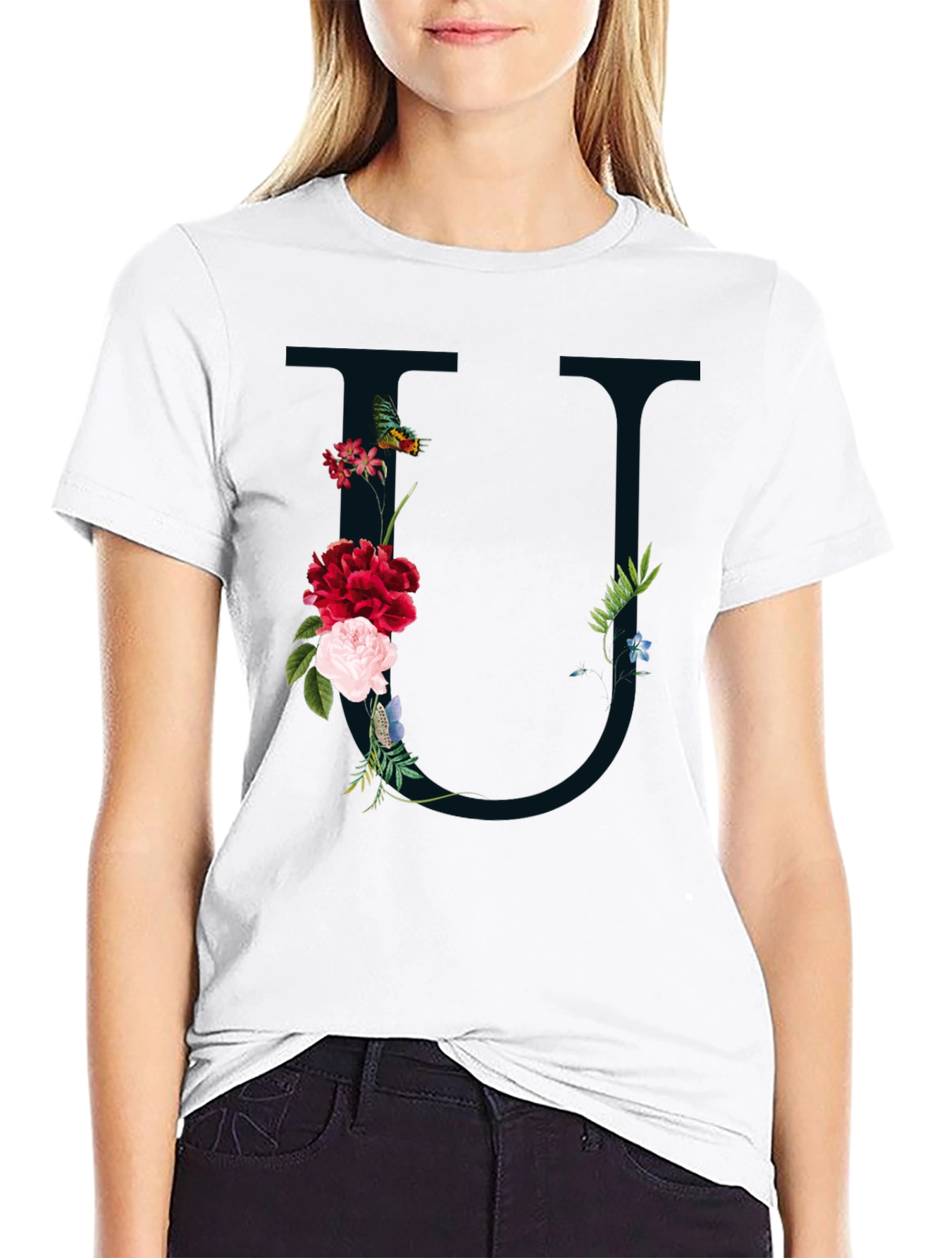 Floral Letter U Black T-Shirt
