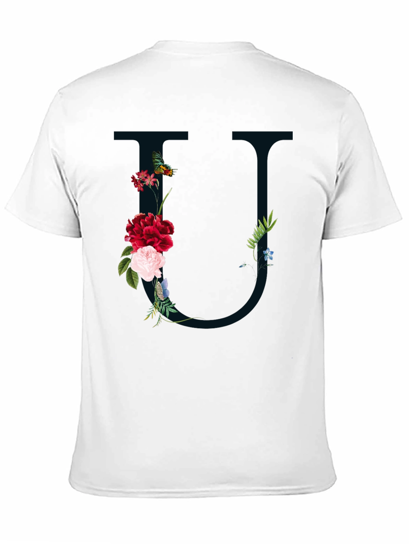 Floral Letter U Black T-Shirt