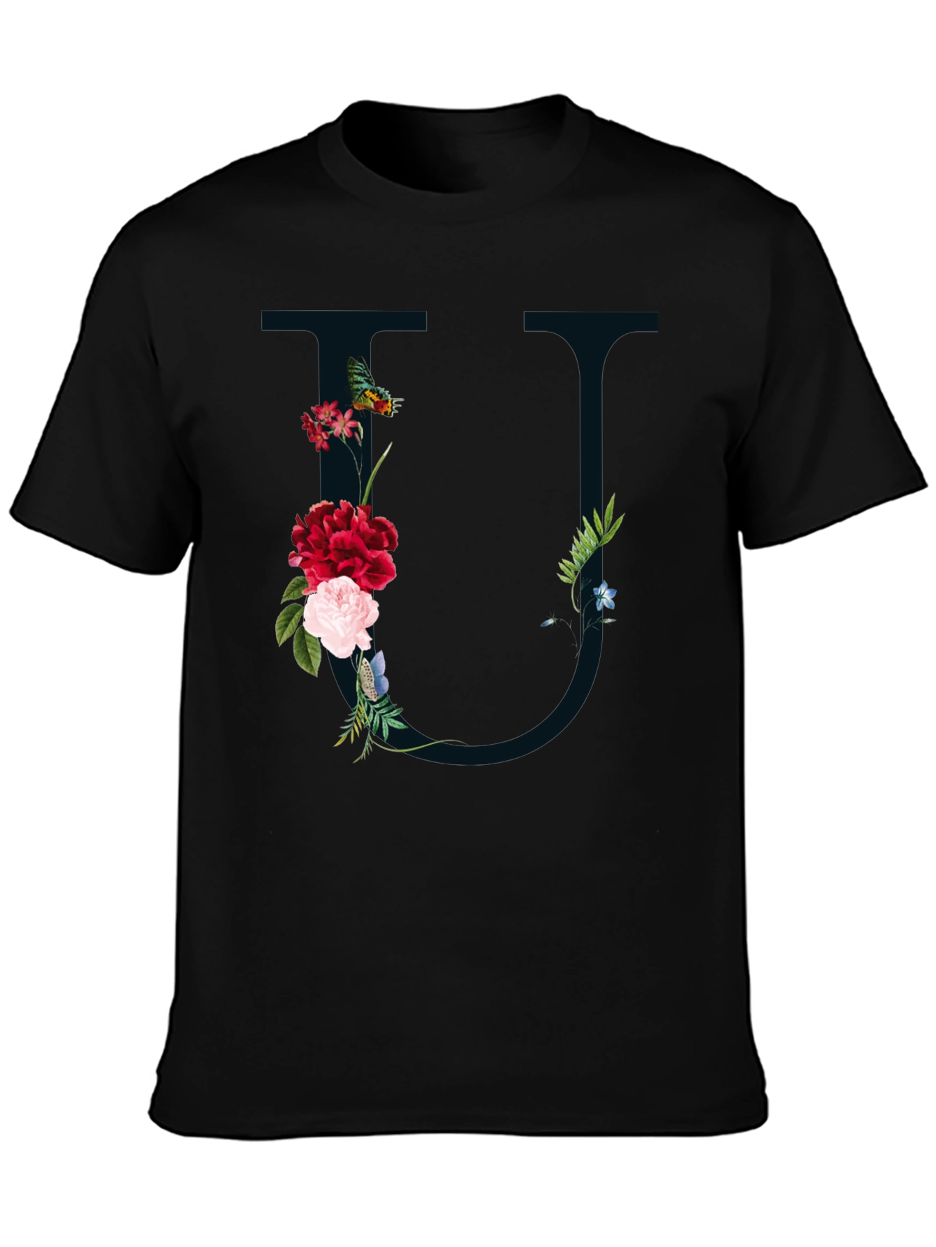 Floral Letter U Black T-Shirt