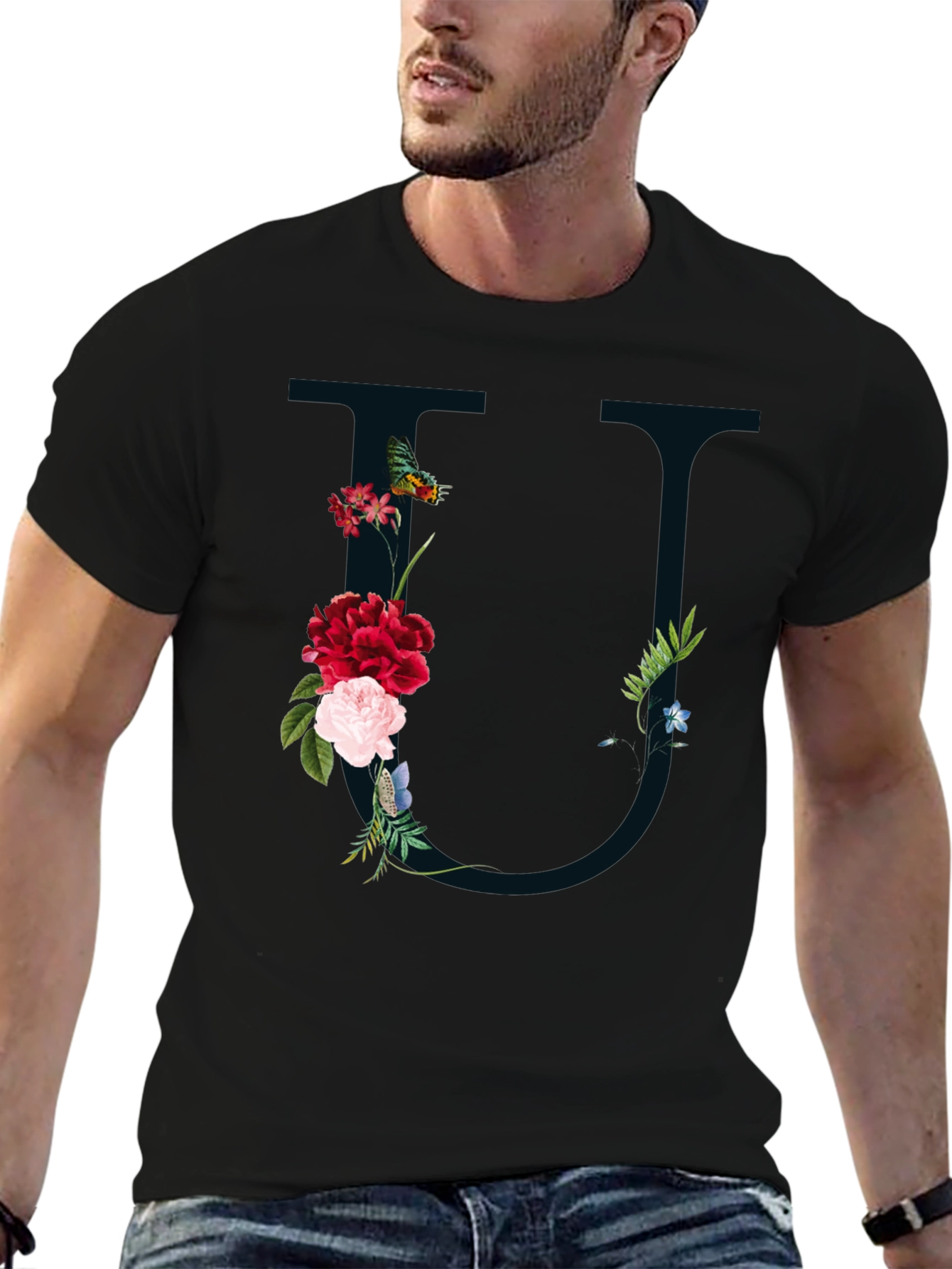 Floral Letter U Black T-Shirt
