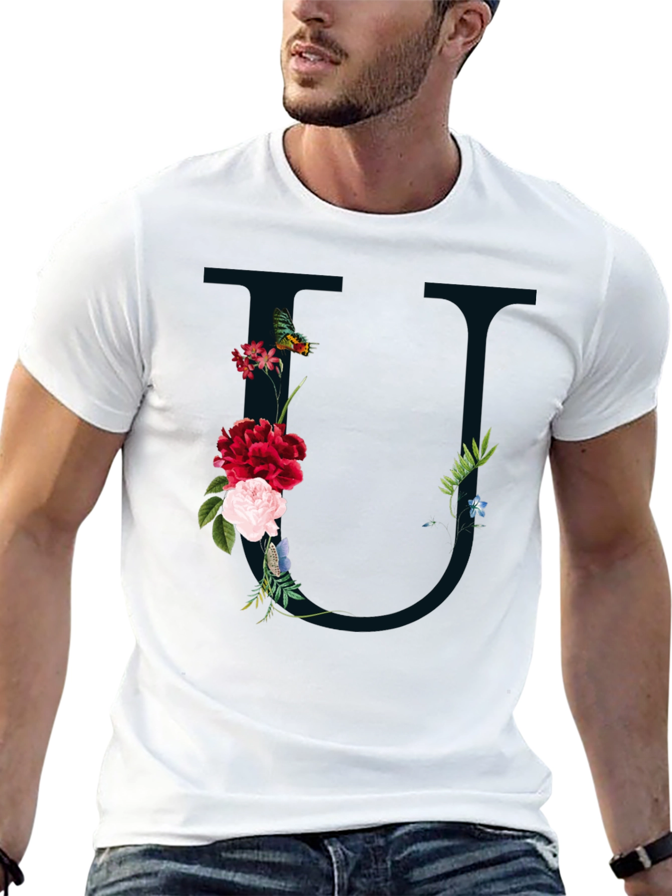 Floral Letter U Black T-Shirt
