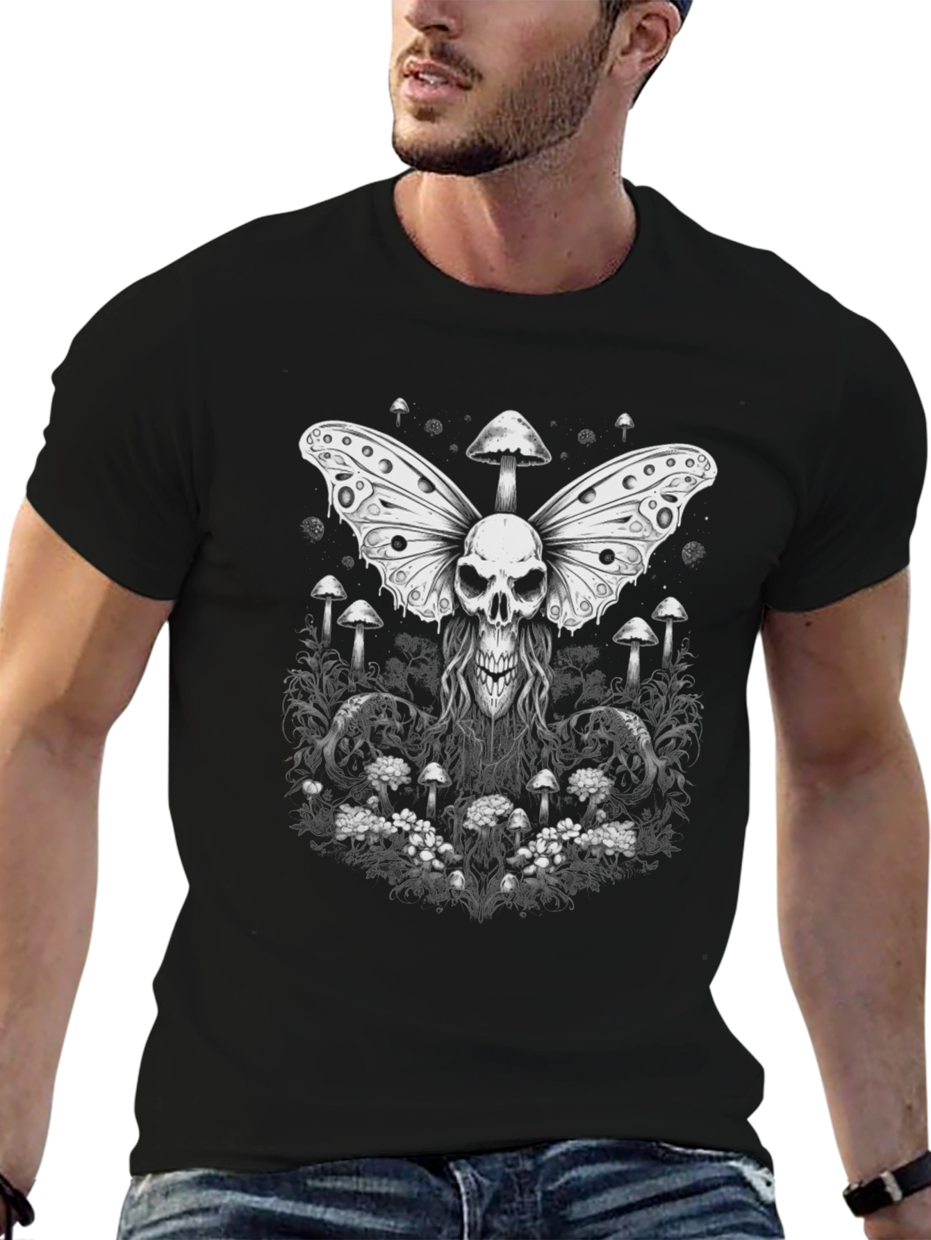 Skull Butterfly Mushroom Graphic Tee