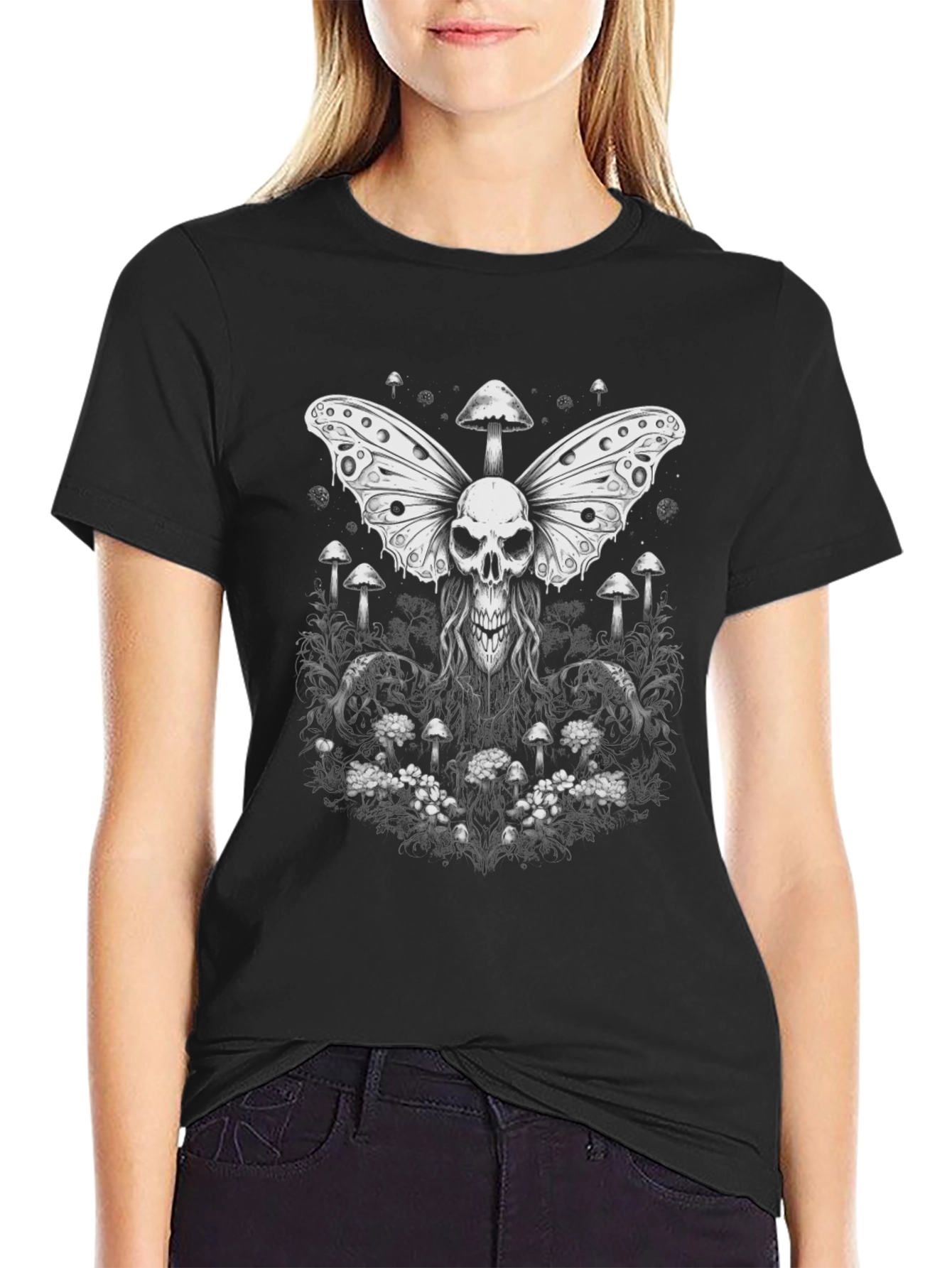 Skull Butterfly Mushroom Graphic Tee